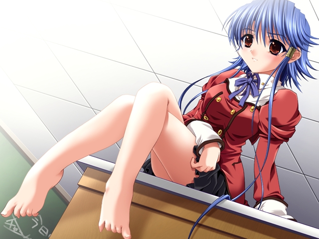game cg, non-web source, 1girl, barefoot, blue hair, brown eyes, dutch angle, feet, female focus, from below, school uniform, short hair, solo