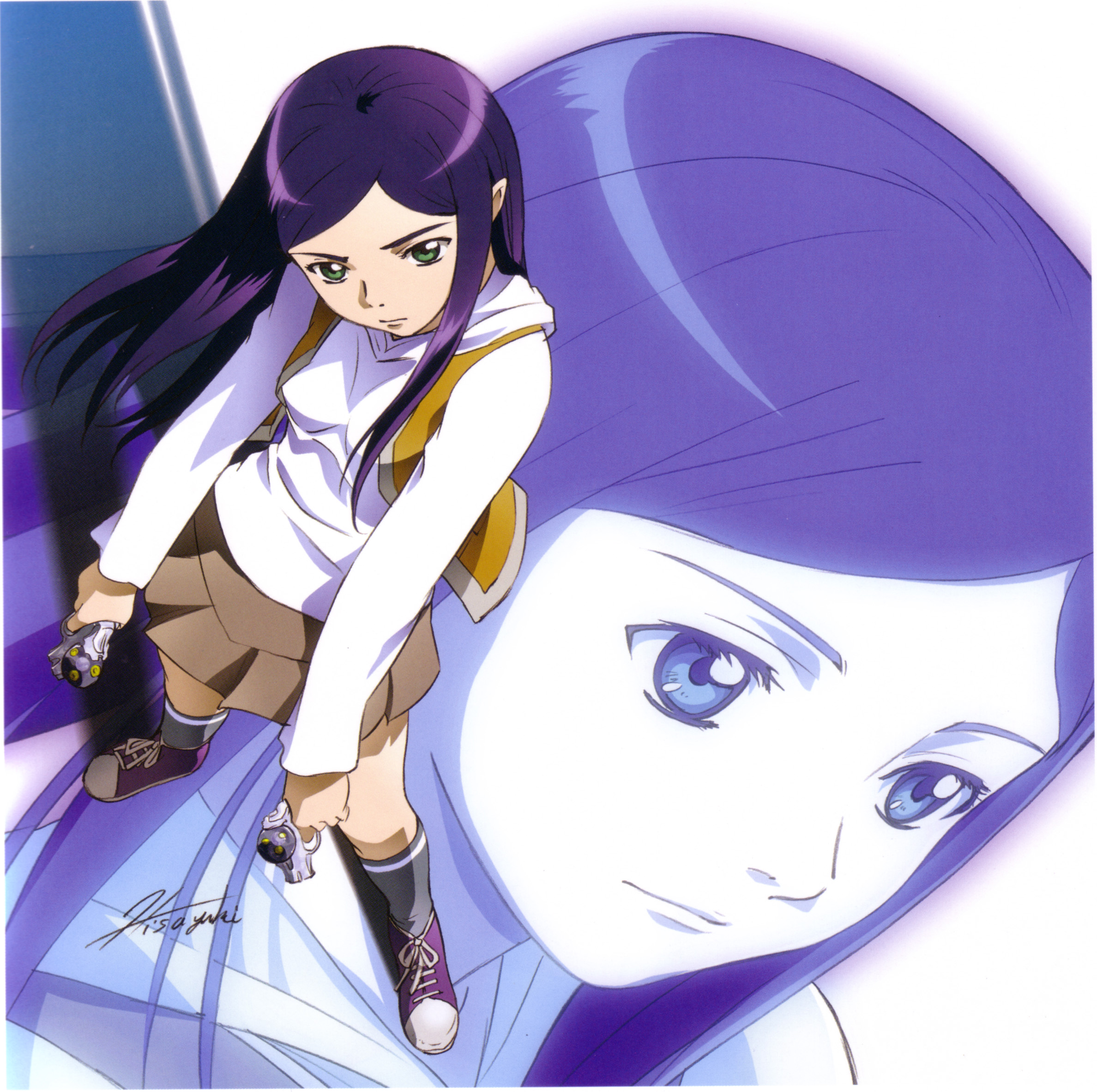 hisayuki hirokazu, kuga natsuki, my-hime, artbook, highres, 00s, 1girl, black socks, blue eyes, brown skirt, fighting stance, kneehighs, long hair, long sleeves, purple hair, sidelocks, simple background, skirt, socks, standing, very long hair, white background