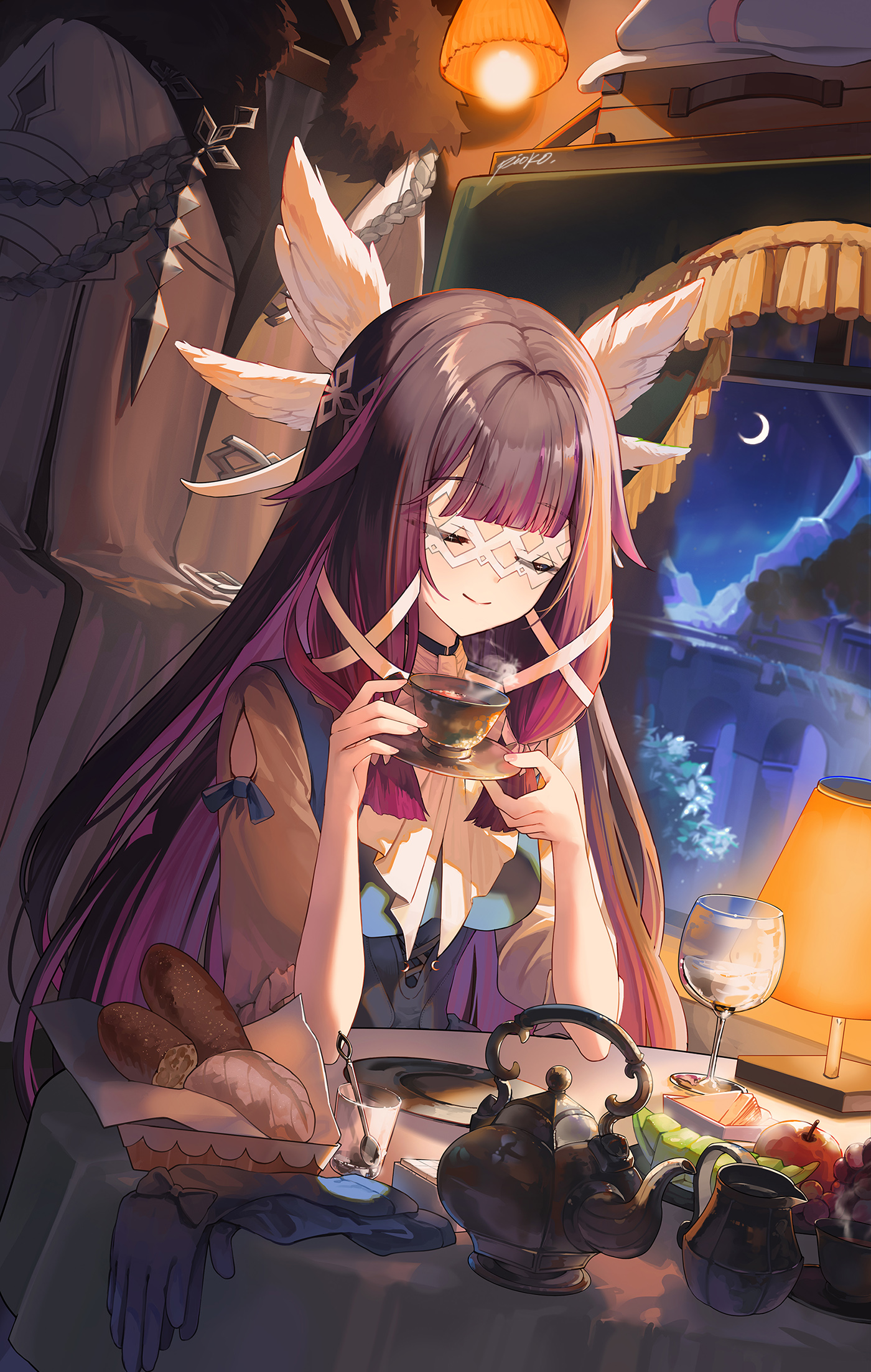 pioko, columbina (genshin impact), genshin impact, highres, 1girl, alternate costume, black hair, closed eyes, closed mouth, crescent moon, cup, eye mask, food, holding, holding cup, holding plate, indoors, long hair, mask, moon, multicolored hair, night, night sky, plate, purple hair, short sleeves, sitting, sky, smile, solo, teacup, two-tone hair, very long hair