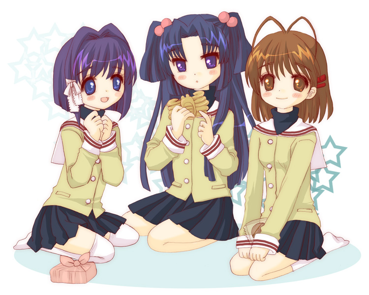 aoi (ene), fujibayashi ryou, furukawa nagisa, ichinose kotomi, clannad, 00s, antenna hair, blue eyes, blue hair, brown eyes, brown hair, food, kneeling, long hair, purple eyes, purple hair, school uniform, short hair, twintails