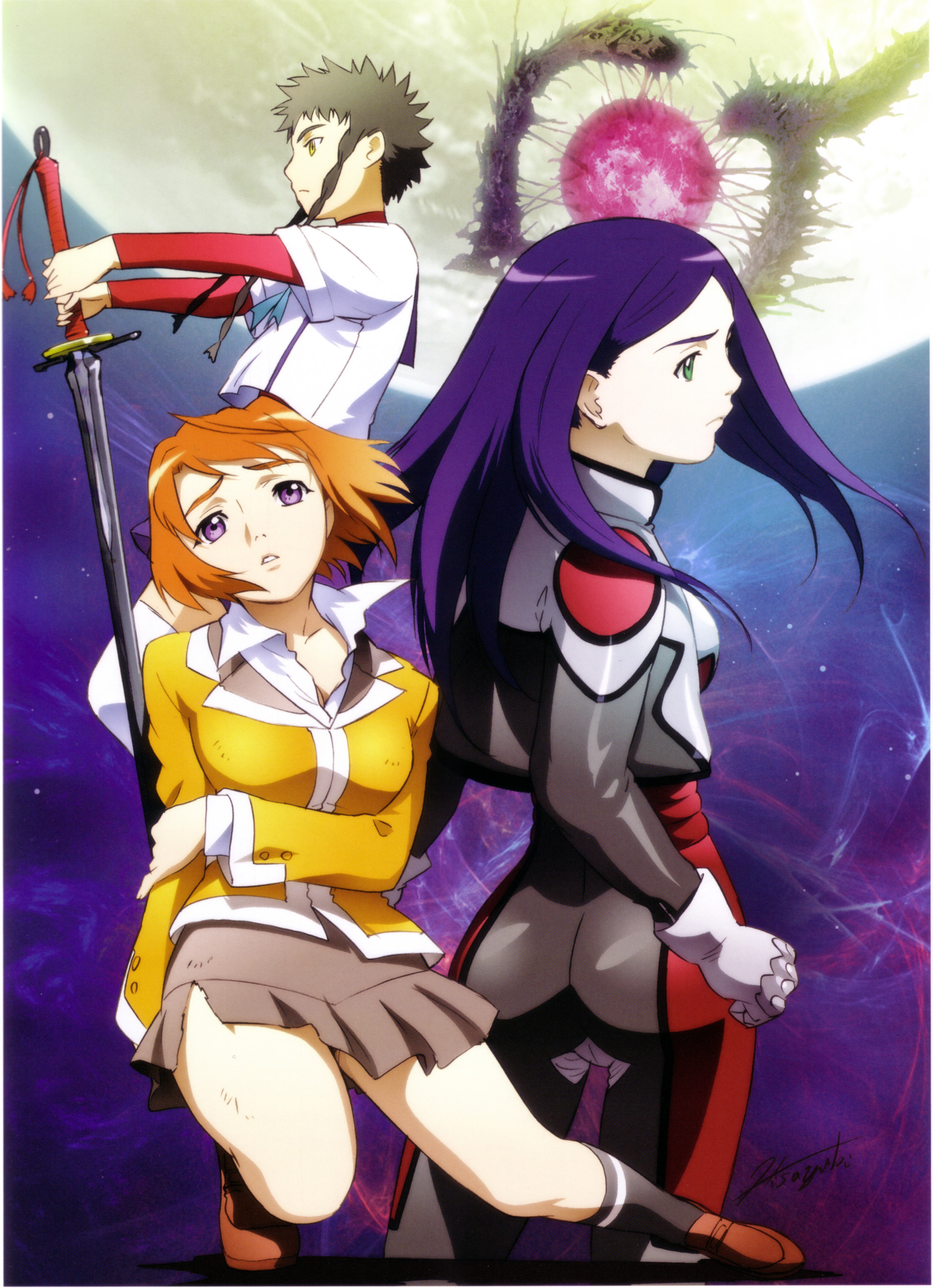 hisayuki hirokazu, kuga natsuki, minagi mikoto, tokiha mai, my-hime, absurdres, highres, scan, 00s, 3girls, ass, biker clothes, bikesuit, bodysuit, gloves, moon, multiple girls, orange shirt, school uniform, shirt, sword, weapon