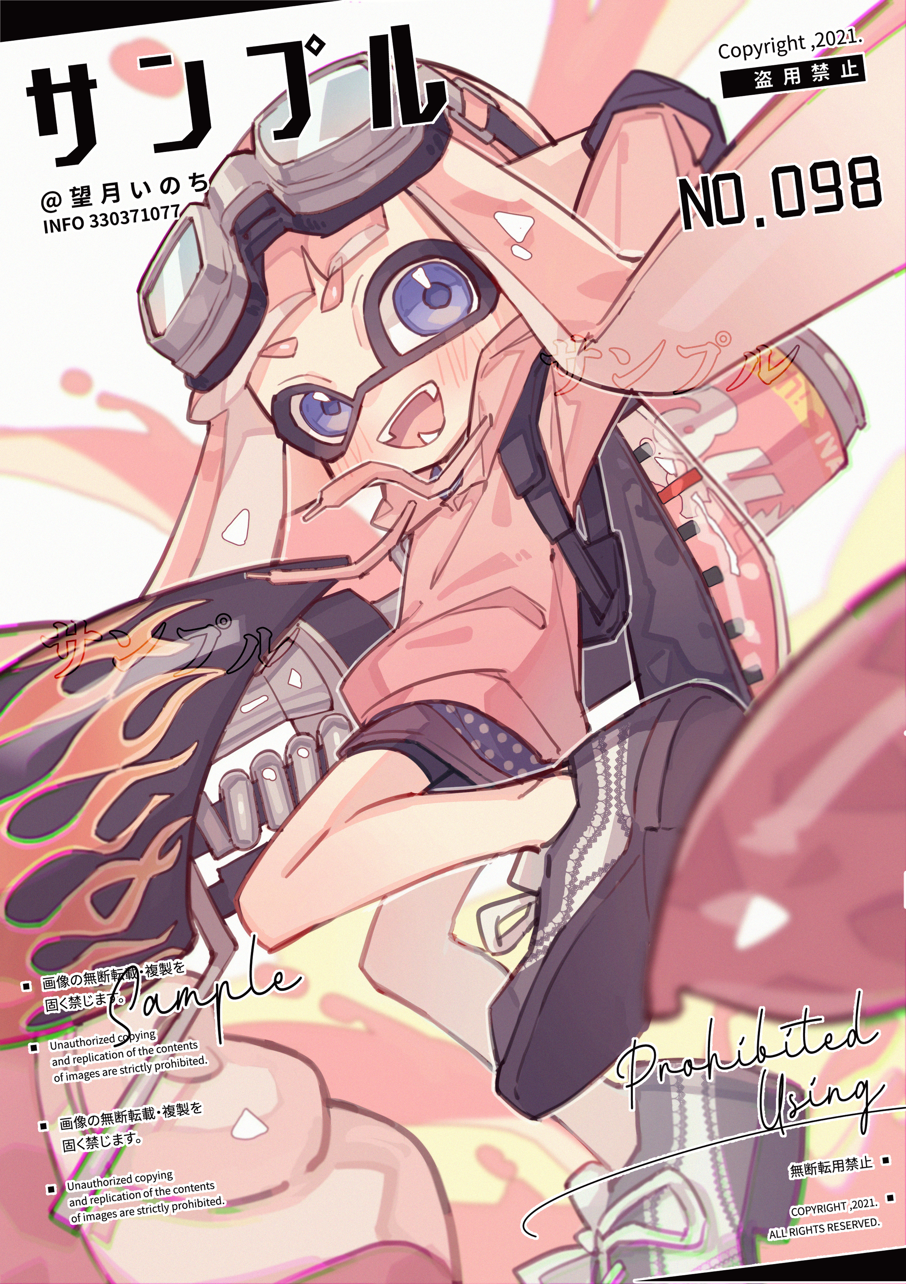 mochizuki inochi, inkling girl, inkling player character, nintendo, splatoon (series), absurdres, highres, 1girl, :d, arm up, black shoes, black shorts, blue eyes, blush, fangs, foot out of frame, ink tank (splatoon), inkling, long hair, long sleeves, looking at viewer, open mouth, pink hair, pink shirt, range blaster (splatoon), sample watermark, shirt, shoes, shorts, smile, sneakers, solo, standing, standing on one leg, tentacle hair, thick eyebrows, watermark