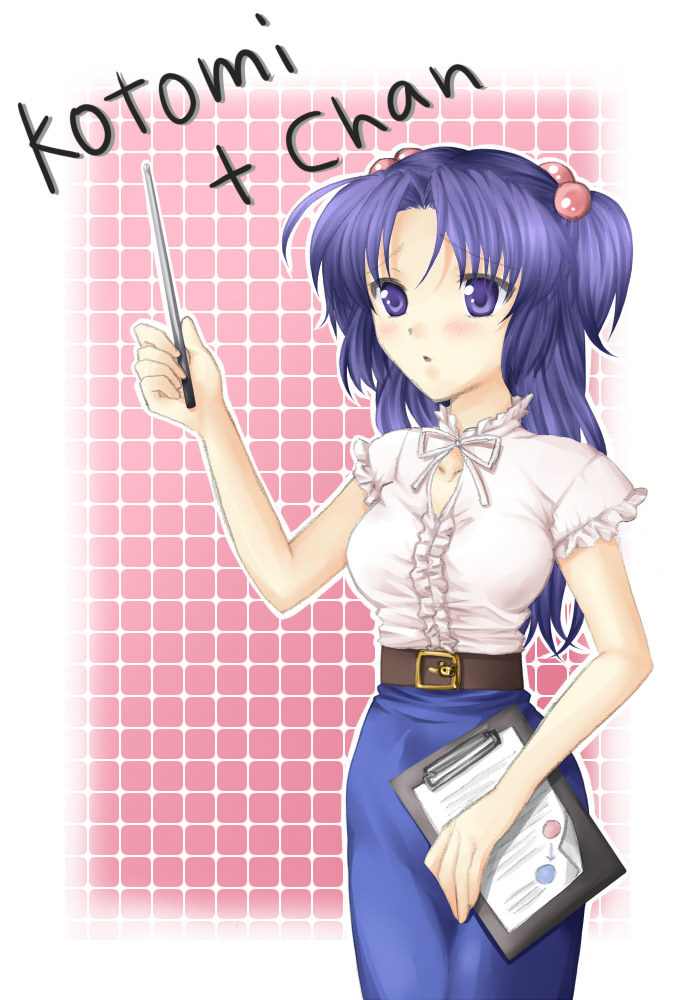 rik t, ichinose kotomi, clannad, baton, bad id, bad pixiv id, 00s, 1girl, blue eyes, blue hair, casual, clipboard, female focus, hair bobbles, hair ornament, long hair, matching hair/eyes, pointer, solo, twintails, two side up