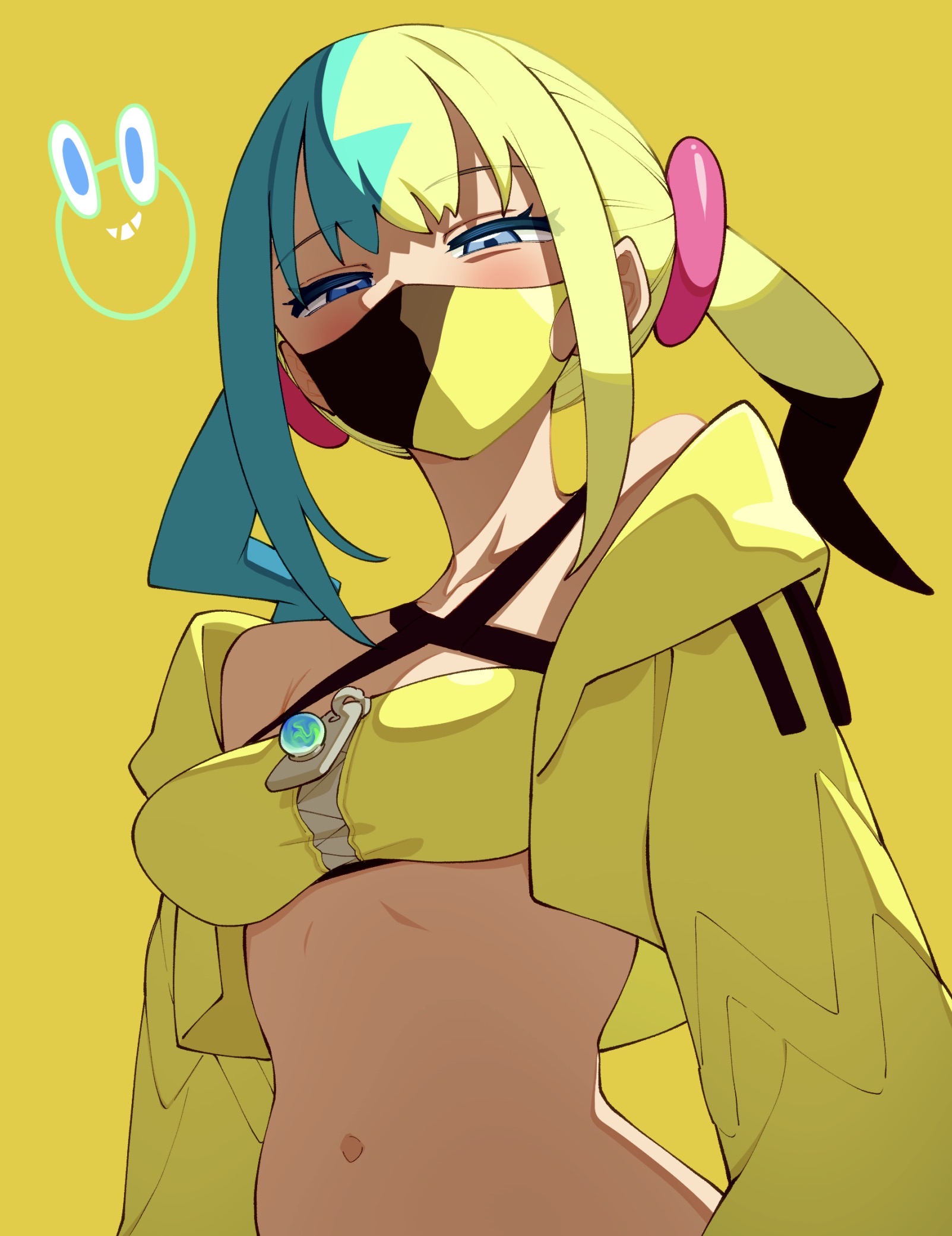 akino sora, canari (pokemon), nintendo, pokemon, pokemon legends: z-a, commentary request, highres, 1girl, bandeau, black mask, blonde hair, blue eyes, blue hair, breasts, dark-skinned female, dark skin, jacket, looking at viewer, mask, medium breasts, mouth mask, multicolored hair, navel, open clothes, open jacket, short hair, simple background, solo, two-tone mask, yellow background, yellow bandeau, yellow jacket, yellow mask