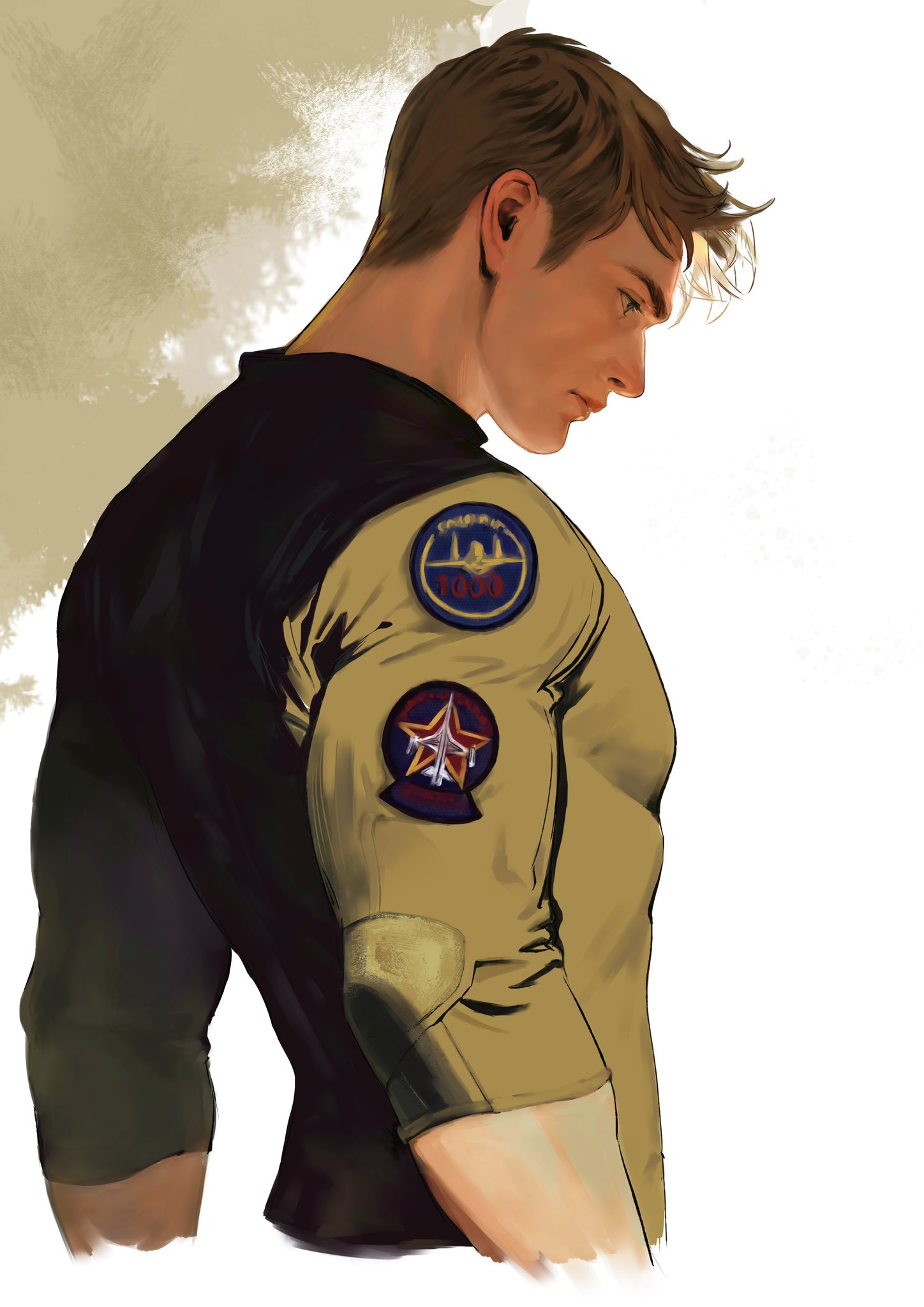 steve rogers, captain america (series), marvel, highres, 1boy, blonde hair, blue eyes, brown shirt, closed mouth, from behind, large pectorals, long sleeves, looking down, male focus, malkogromit, muscular, muscular male, pectorals, shirt, short hair, simple background, solo, star (symbol), star print, upper body, white background