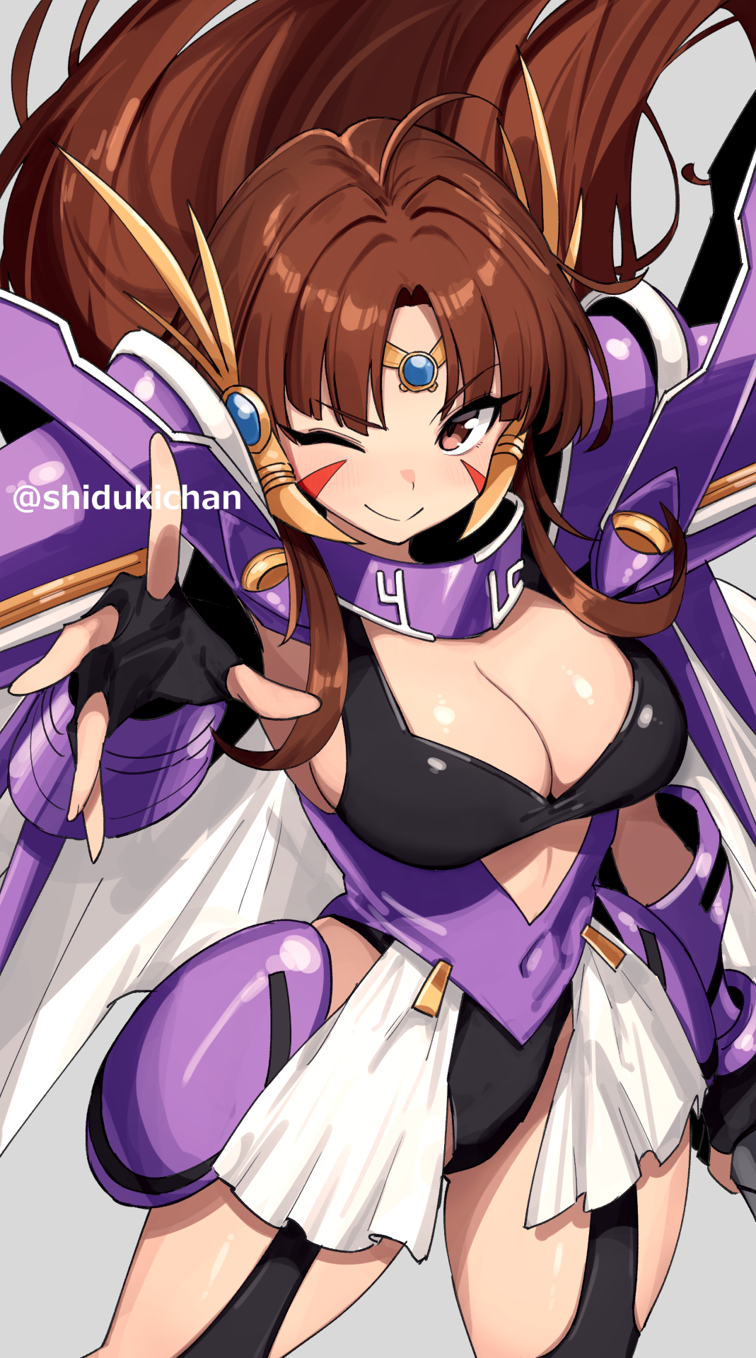 shigatsu shizuki, kousaka erika, ginga ojou-sama densetsu yuna, commentary request, highres, 1girl, armor, artist name, black gloves, black leotard, breasts, brown hair, cleavage, closed mouth, clothing cutout, cutout above navel, facial mark, fingerless gloves, floating hair, forehead jewel, gloves, grey background, hair intakes, hand up, impossible clothes, large breasts, leotard, long hair, looking at viewer, one eye closed, outstretched arm, purple armor, red eyes, shoulder armor, simple background, smile, solo, thighs, v-shaped eyebrows