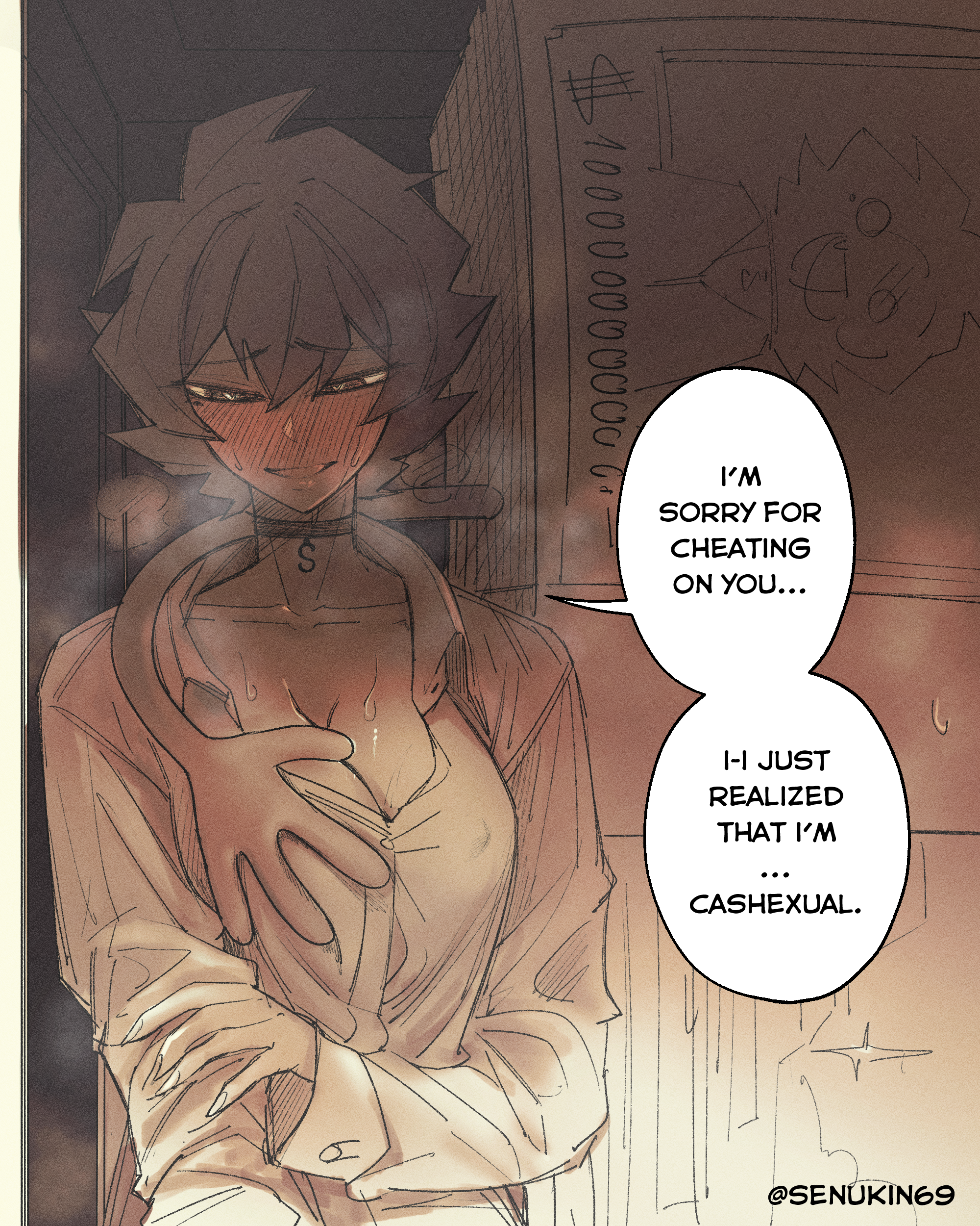 senukin, original, absurdres, commentary, english commentary, highres, 1girl, artist name, banknote, black choker, black eyes, black hair, blush, breasts, cheating (relationship), choker, cleavage, collared shirt, dollar bill, double-parted bangs, english text, facing viewer, grabbed breast over shoulder, grabbing another's breast, grabbing from behind, groping, hair between eyes, hand on own arm, heart, heart-shaped pupils, heavy breathing, implied after sex, kin (senukin), large breasts, long sleeves, looking down, mole, mole under eye, money, oversized object, parted lips, raised inner eyebrows, shirt, short hair, smile, solo, speech bubble, steaming body, sweat, symbol-shaped pupils, talking, twitter username, upper body, white shirt