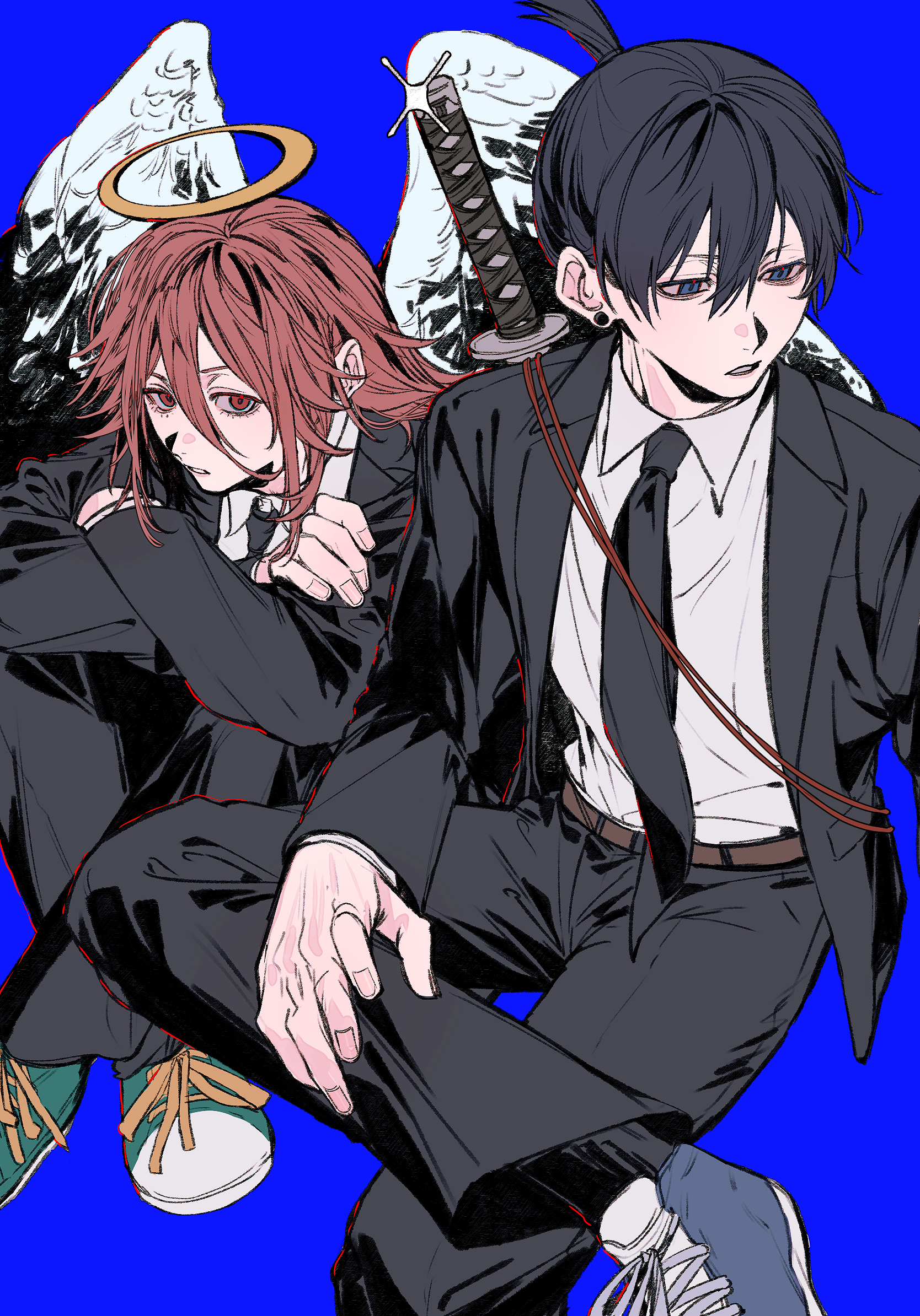 ikaooi1, angel devil (chainsaw man), hayakawa aki, chainsaw man, highres, 2boys, black necktie, black suit, blue background, formal clothes, halo, jacket, katana, male focus, multiple boys, necktie, parted lips, simple background, suit, suit jacket, sword, teeth, topknot, traditional halo, weapon, weapon on back