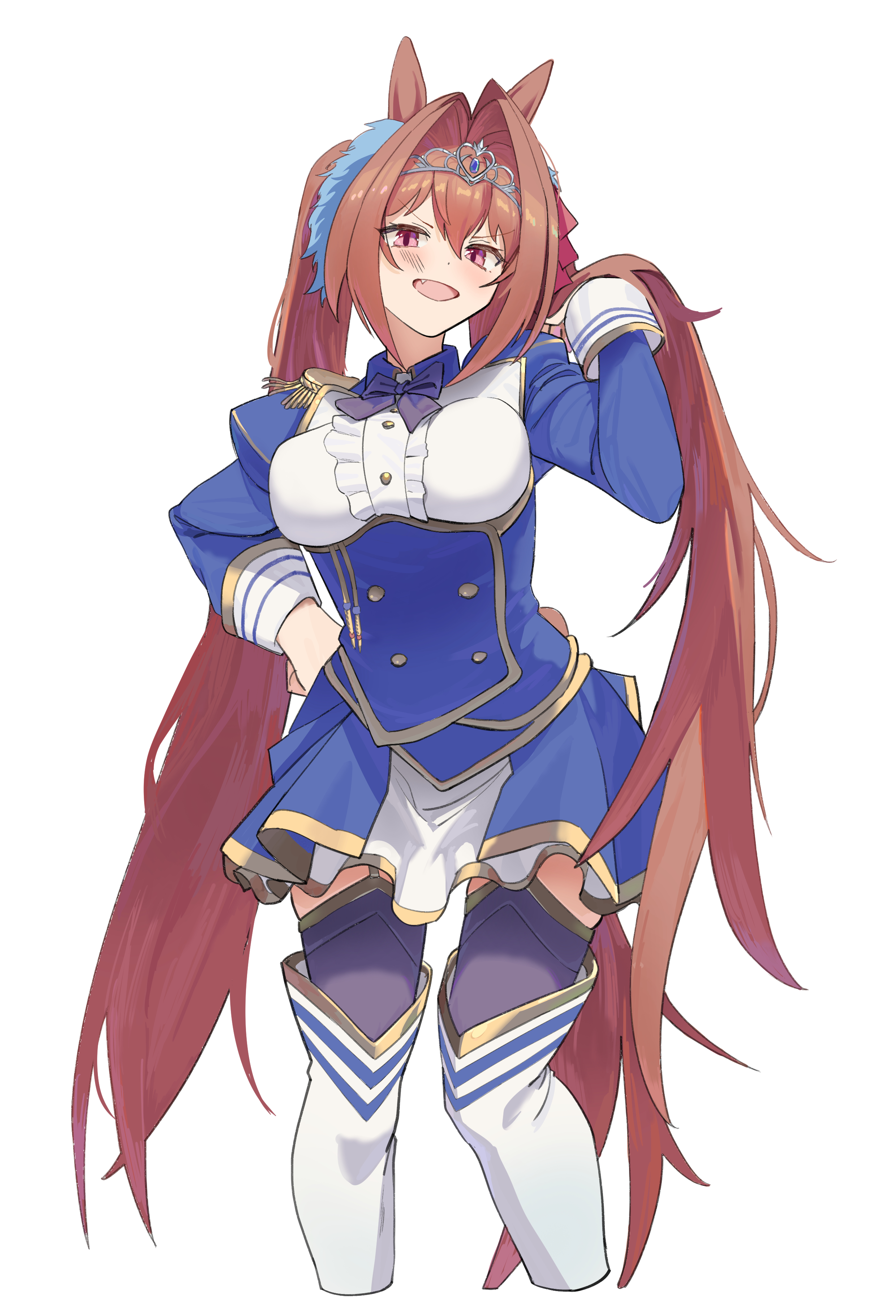 fuse gomame, daiwa scarlet (peak blue) (umamusume), daiwa scarlet (umamusume), umamusume, absurdres, commentary request, highres, 1girl, animal ears, blue dress, blush, breasts, brown hair, center frills, cropped legs, dress, epaulettes, fang, framed breasts, frills, hair intakes, hair ornament, hand on own hip, horse ears, horse girl, horse tail, juliet sleeves, large breasts, layered legwear, layered skirt, long hair, long sleeves, looking at viewer, open mouth, puffy sleeves, red eyes, simple background, skirt, smile, solo, tail, thighs, tiara, twintails, underbust, very long hair, white background