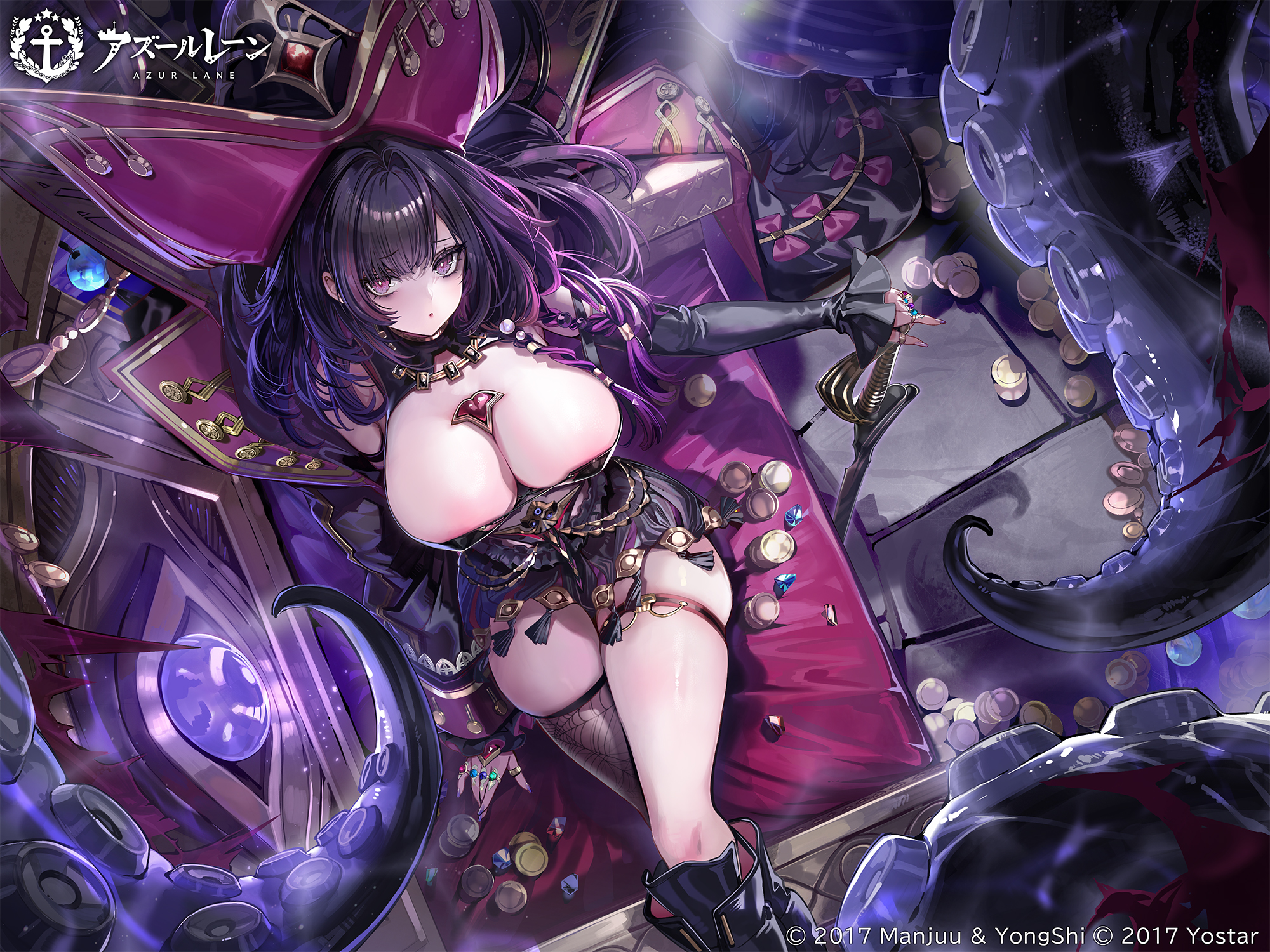 queen anne's revenge (azur lane), azur lane, artist request, highres, official art, second-party source, 1girl, black boots, black hair, black thighhighs, boots, breasts, cleavage, couch, crossed legs, from above, gem, hat, holding, holding sword, holding weapon, knee boots, large breasts, long hair, looking at viewer, on couch, parted lips, pirate, pirate hat, single thighhigh, sitting, solo, spider web print, sword, tentacles, thigh strap, thighhighs, weapon