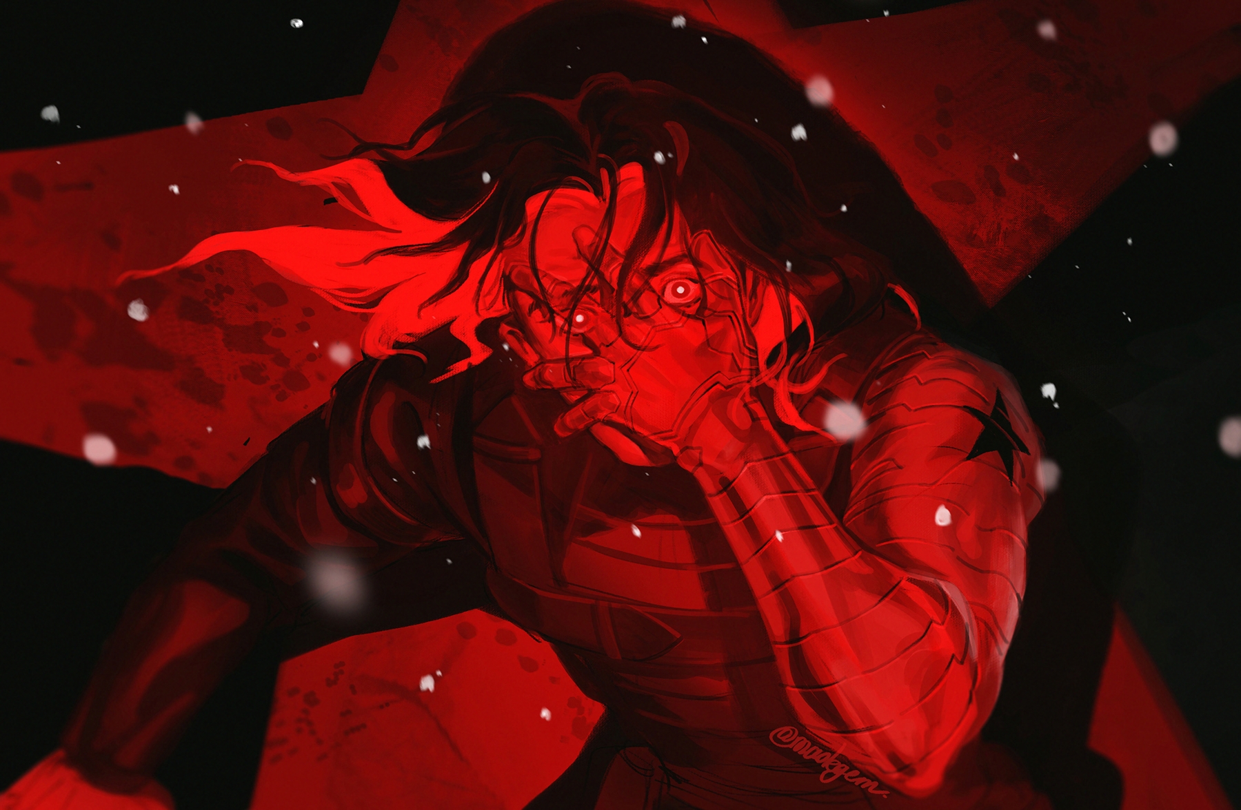 maolegem, bucky barnes, winter soldier, captain america (series), marvel, highres, 1boy, artist name, black bodysuit, black hair, bodysuit, bright pupils, captain america: the winter soldier, covering own mouth, floating hair, hair between eyes, hand on own face, looking at viewer, male focus, prosthesis, prosthetic arm, red theme, short hair, snowing, solo, star (symbol), star symbol background, upper body, white pupils, wide-eyed
