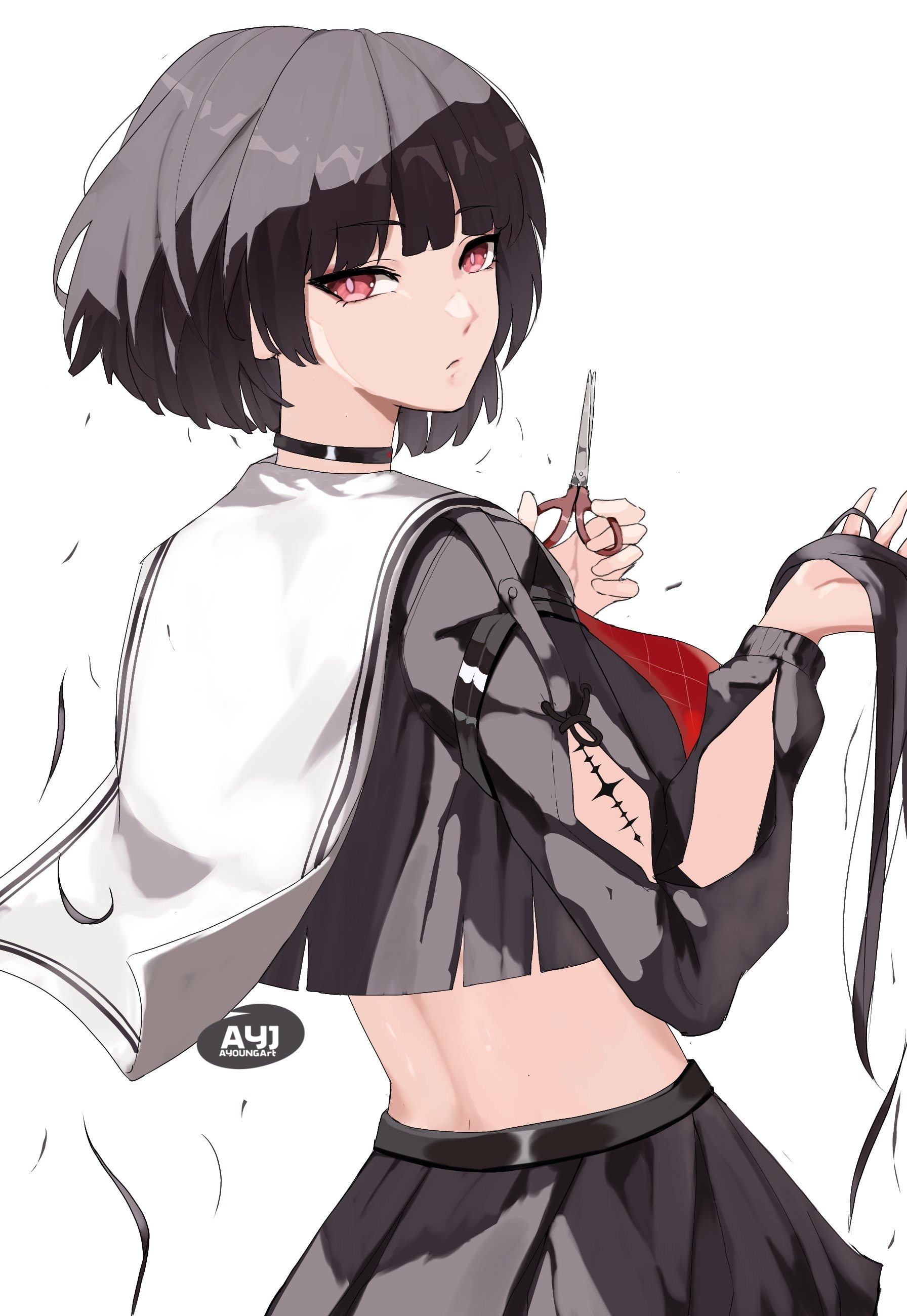 ayoungart, chisa (wuthering waves), wuthering waves, absurdres, commentary, english commentary, highres, 1girl, alternate hair length, alternate hairstyle, arm cutout, artist name, black choker, black shirt, black skirt, choker, clothing cutout, cowboy shot, crop top, cutting hair, cutting own hair, holding, holding scissors, long sleeves, looking at viewer, looking to the side, red eyes, sailor collar, scissors, shirt, short hair, simple background, skirt, solo, tacet mark (wuthering waves), white background, white sailor collar