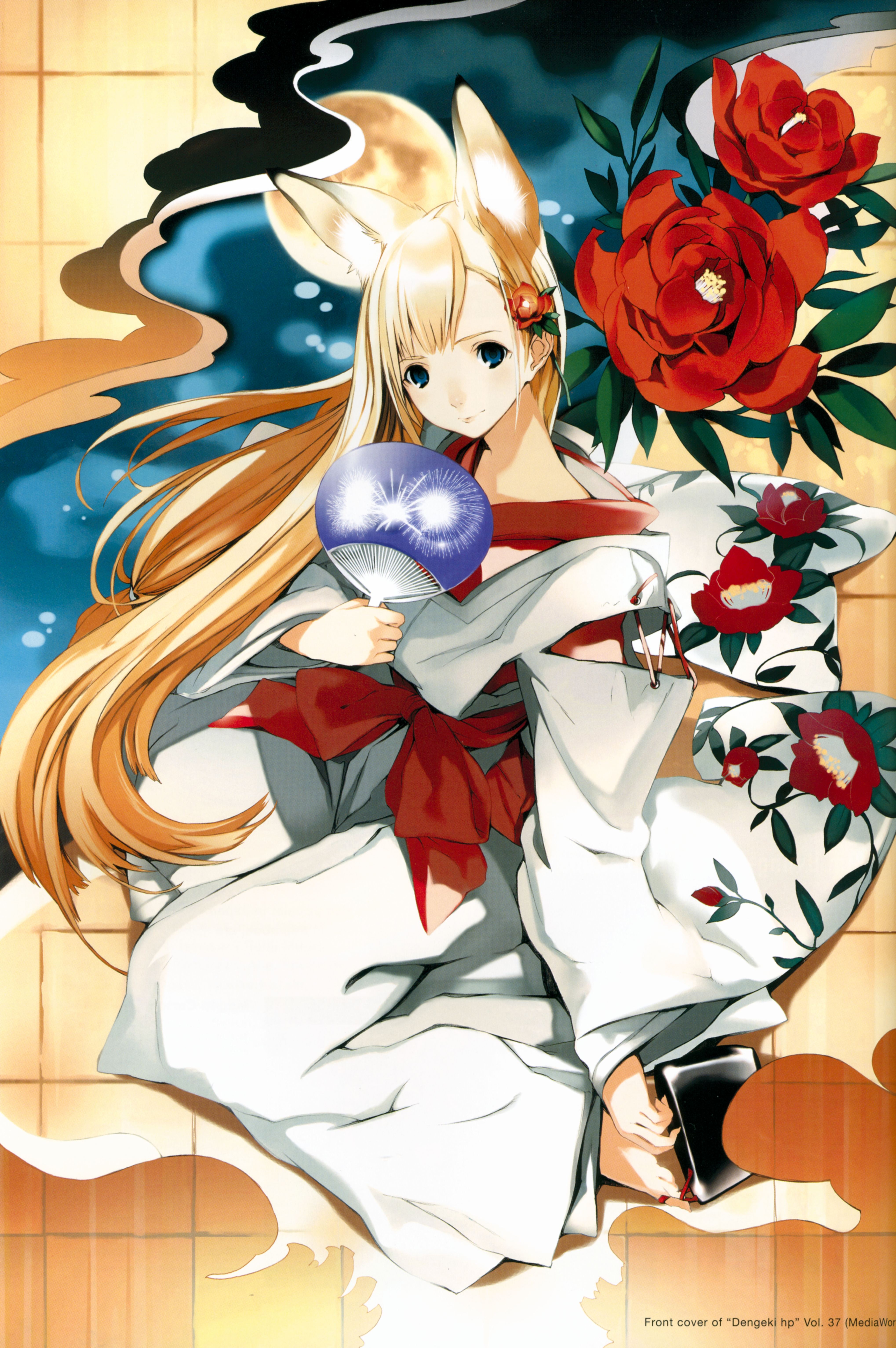 houden eizou, tenko kuugen, wagaya no oinari-sama, absurdres, highres, 00s, animal ears, blonde hair, flower, japanese clothes, long hair, moon, solo