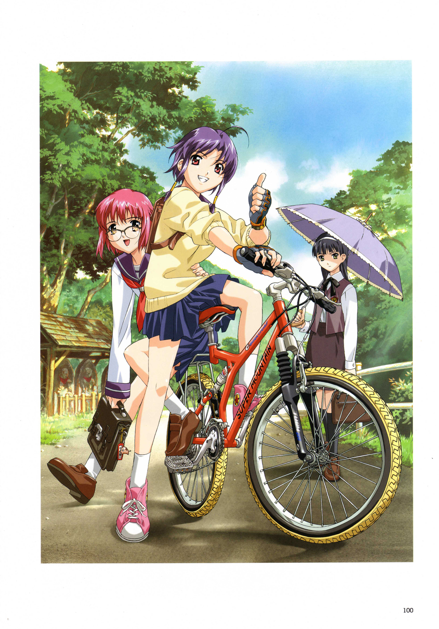 happoubi jin, ishibashi tsubame, maruishi otona, tsunoda hiwako, separate blue, sweet body, artbook, highres, scan, 3girls, bag, bicycle, fingerless gloves, glasses, gloves, grin, loafers, multiple girls, multiple riders, parasol, purple hair, school bag, school uniform, serafuku, shoes, skirt, smile, sneakers, sweater, thumbs up, umbrella