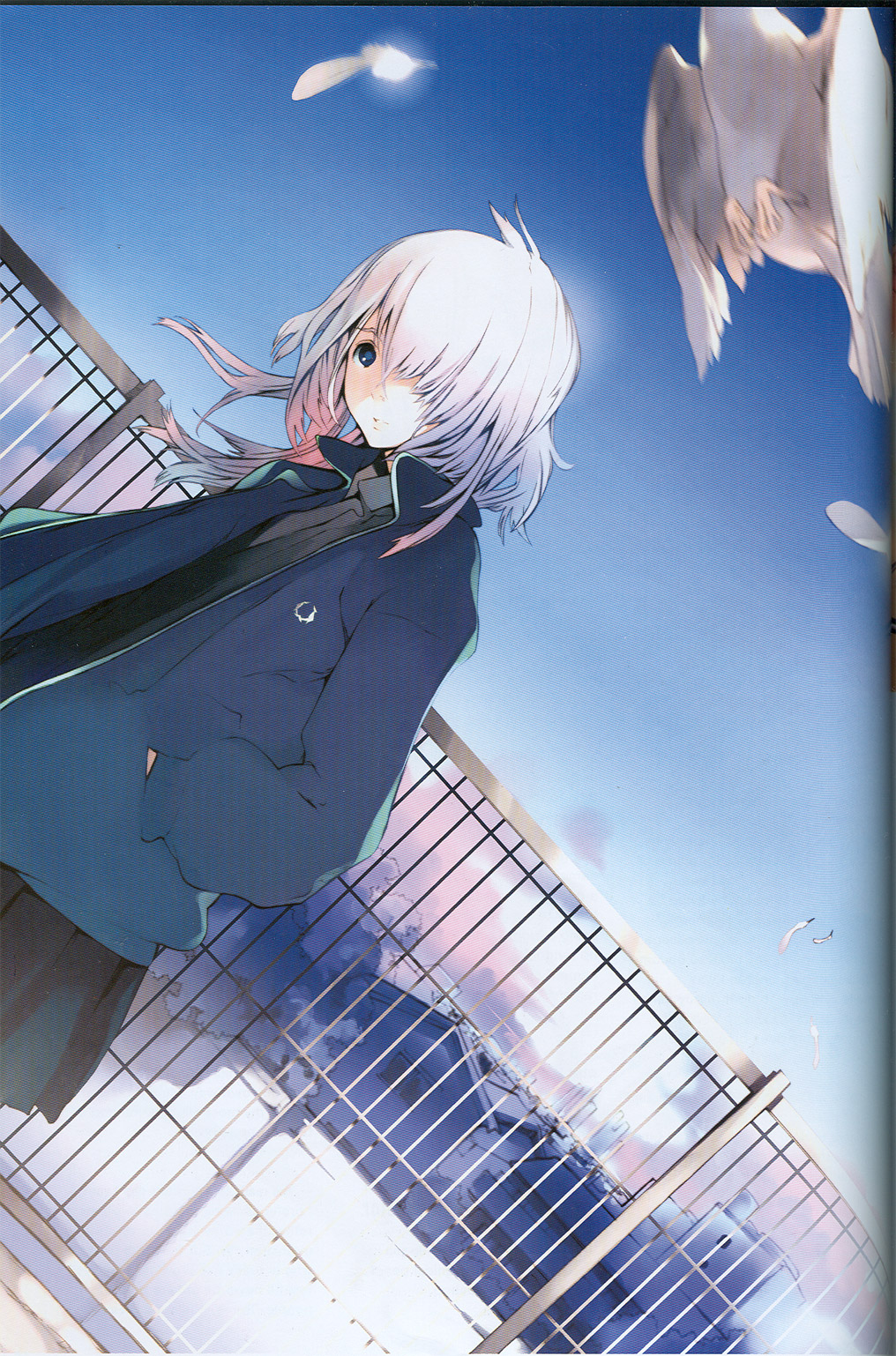 houden eizou, highres, 1girl, bird, blue eyes, blue sky, building, day, feathers, female focus, fence, hair over one eye, hand in pocket, jacket, open clothes, open jacket, outdoors, pleated skirt, skirt, sky, solo, standing, white hair