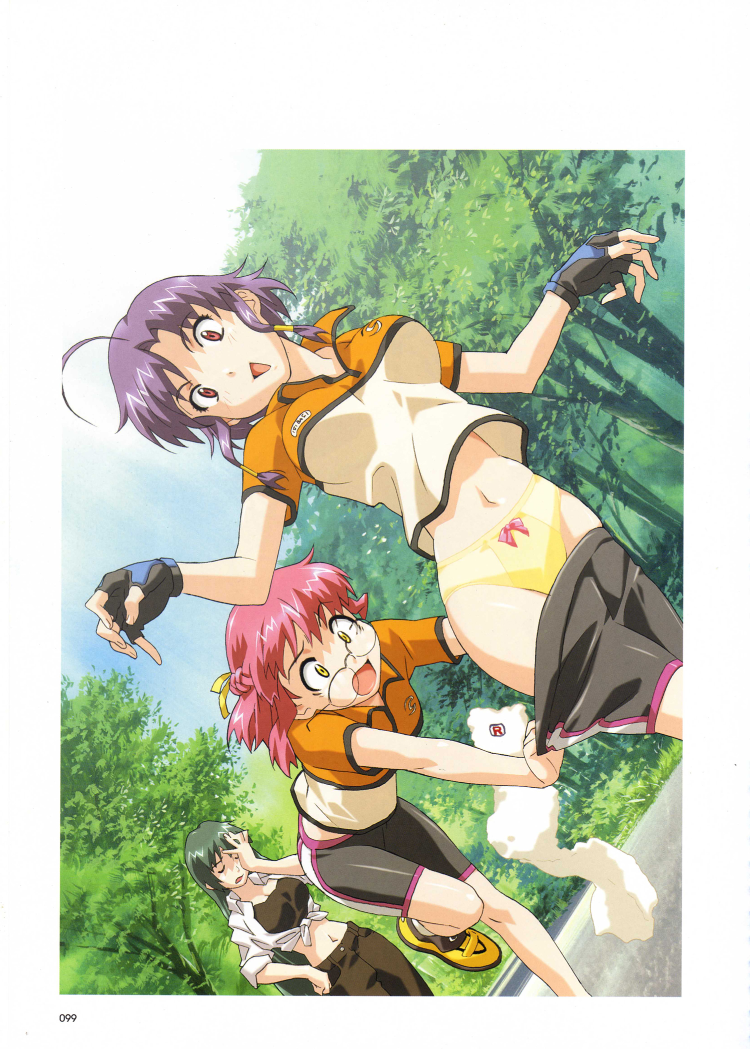 happoubi jin, ishibashi tsubame, maruishi otona, tsurudo misui, separate blue, sweet body, artbook, highres, official art, scan, 3girls, :d, :o, age difference, ahoge, assisted exposure, bent over, bike shorts, bike shorts pull, blush, bow, bow panties, braid, breasts, closed eyes, clothes pull, cloud, crop top, day, dutch angle, embarrassed, facepalm, falling, fingerless gloves, front-tie top, glasses, gloves, green hair, hair tubes, hand on own face, long hair, medium breasts, midriff, multiple girls, nature, navel, open mouth, outdoors, outstretched arms, panties, pantsing, parted bangs, pink eyes, pink hair, pulling another's clothes, purple hair, red eyes, ribbon, road, running shoes, shiny skin, shirt, shoes, short hair, shorts, shorts pull, side braid, sidelocks, skindentation, sky, smile, sneakers, spread arms, standing, surprised, surprised arms, tied shirt, towel, tree, tripping, underwear, undressing, yellow eyes, yellow panties