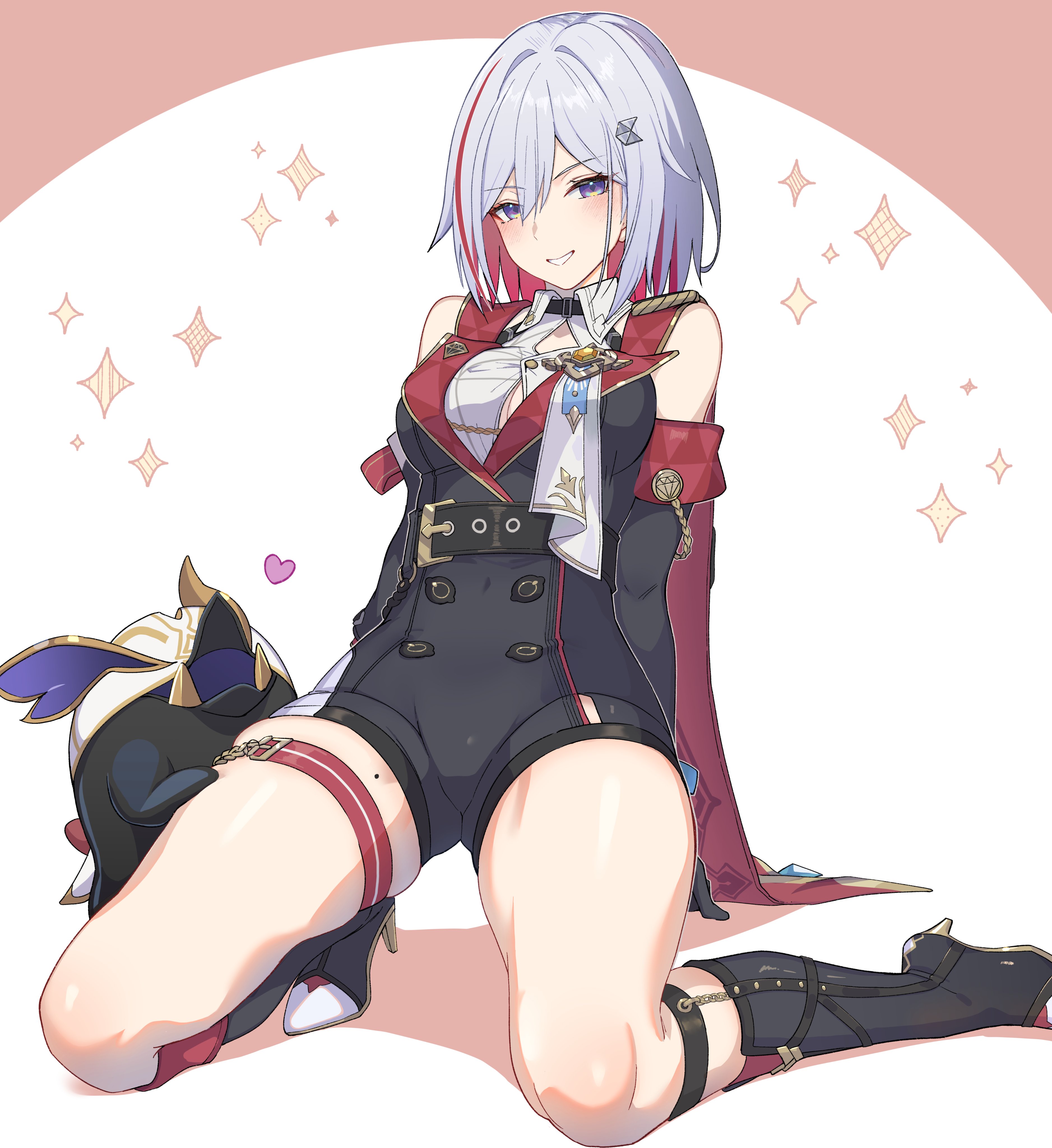 yumegiwa (skgl thx), numby (honkai: star rail), topaz (honkai: star rail), trotter (honkai: star rail), honkai: star rail, honkai (series), absurdres, commentary request, highres, 1girl, black boots, black unitard, boots, breasts, detached sleeves, grey hair, looking at viewer, medium breasts, mole, mole on thigh, multicolored hair, purple eyes, red hair, short hair, smile, thigh strap, thighs, two-tone hair