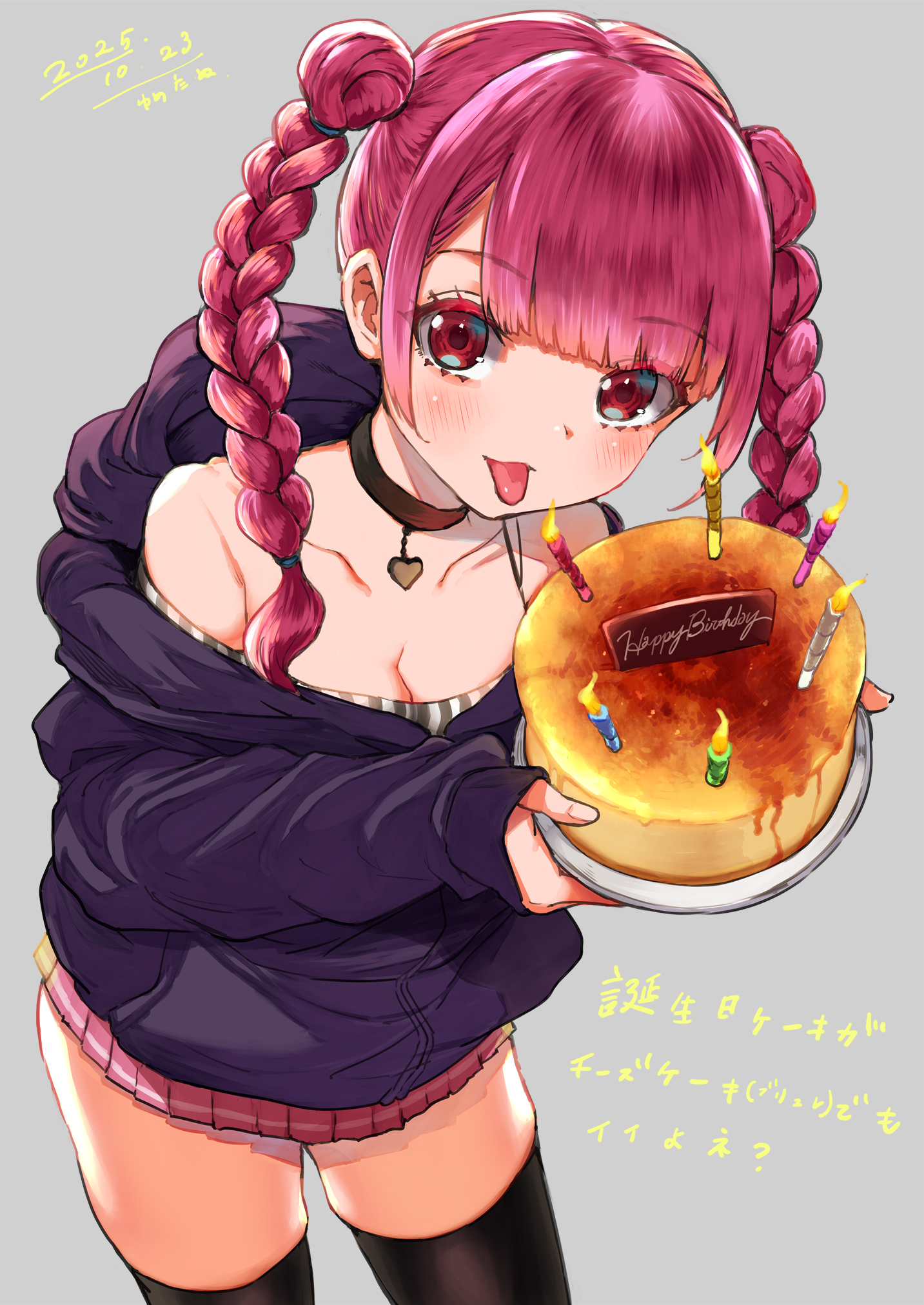 yumeno tanuki, original, highres, translation request, 1girl, bare shoulders, birthday, black choker, black thighhighs, blush, braid, breasts, cake, cheesecake, choker, cleavage, english text, food, grey background, happy birthday, heart pendant, holding, holding cake, holding food, long hair, looking at viewer, miniskirt, open mouth, pink skirt, red eyes, red hair, simple background, skirt, smile, solo, thighhighs, thighs, tongue, tongue out, twin braids