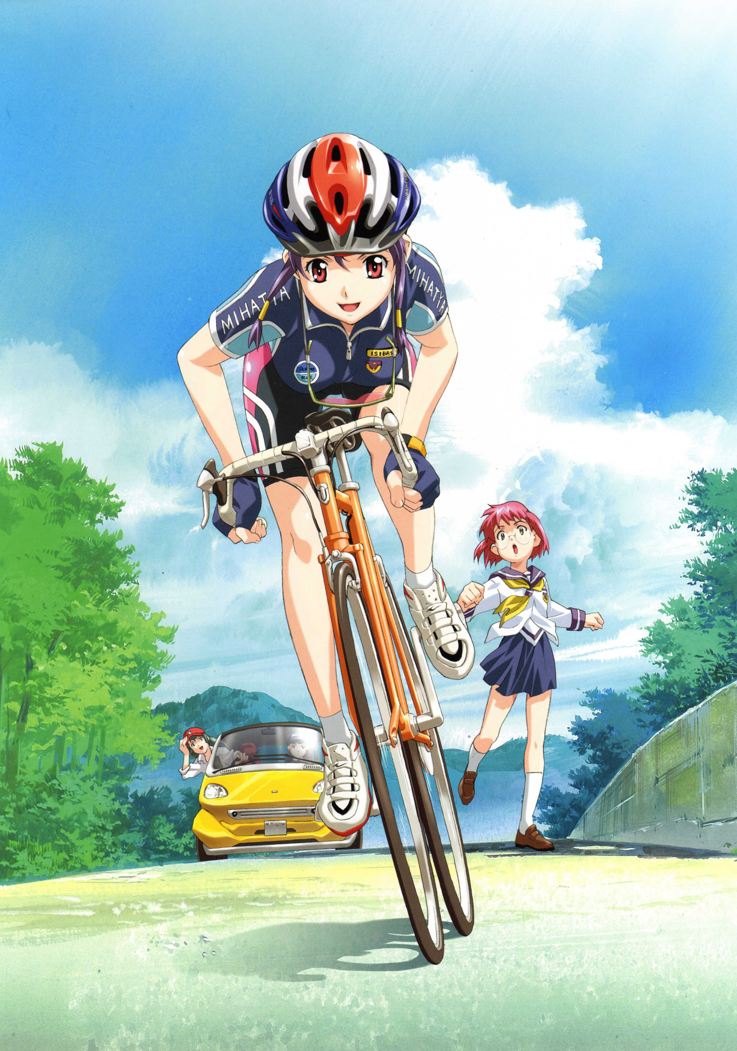 happoubi jin, ishibashi tsubame, maruishi otona, tsunoda hiwako, tsurudo misui, separate blue, sweet body, white legwear, artbook, highres, official art, scan, 4girls, :d, :o, age difference, aqua hair, baseball cap, bent over, bicycle, bike jersey, bike shorts, black hair, car, cloud, day, eyewear strap, flat chest, glasses, gloves, hair tubes, hat, helmet, kneehighs, leaning, loafers, long hair, looking at viewer, motor vehicle, mountain, multiple girls, nature, open mouth, outdoors, pink hair, pleated skirt, purple hair, red eyes, running, school uniform, serafuku, shadow, shoes, short hair, sidelocks, skirt, sky, smart car, smile, sneakers, socks, sunglasses, surprised, tree, unworn eyewear, yellow eyes, zipper