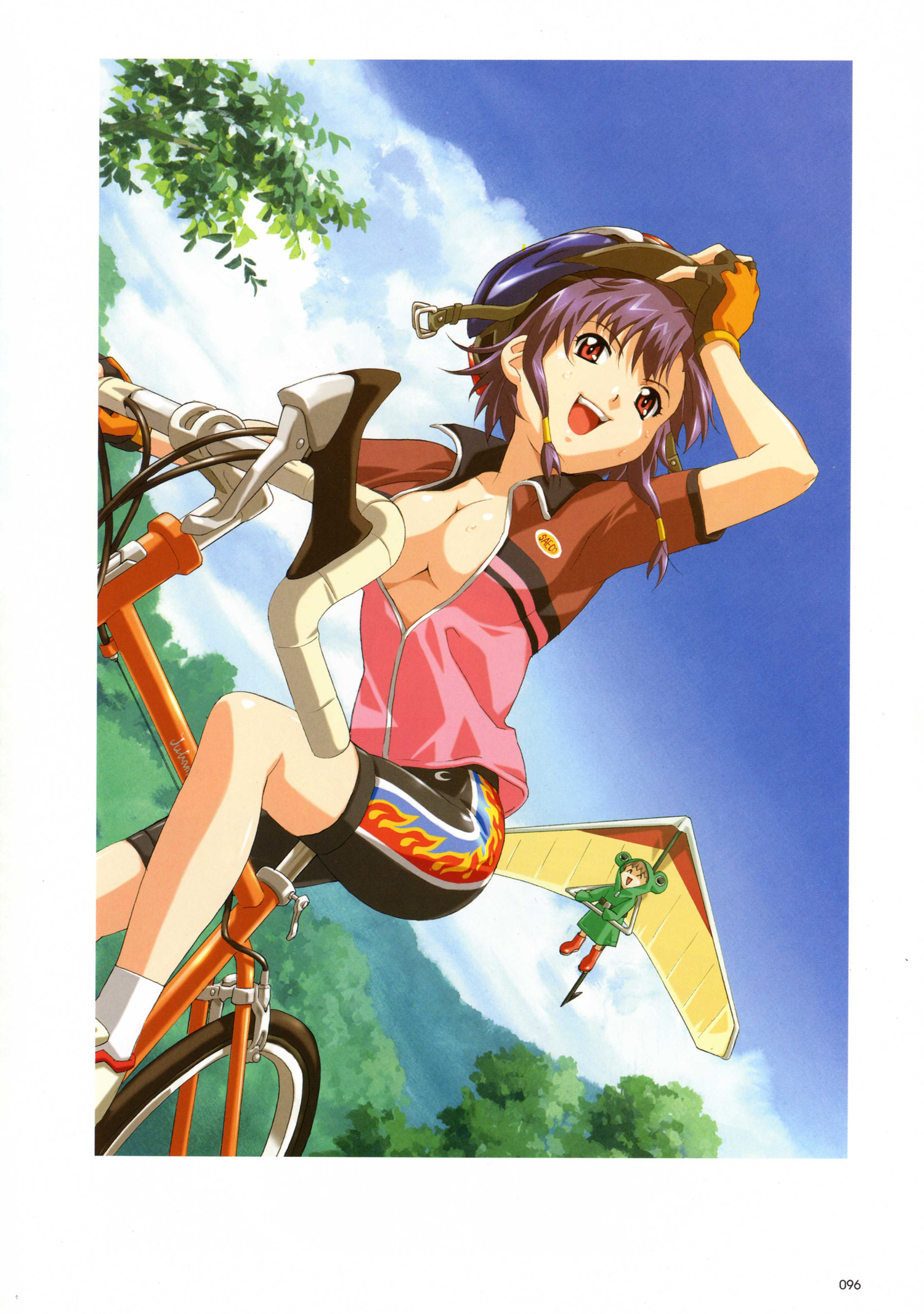 happoubi jin, ishibashi tsubame, separate blue, sweet body, artbook, highres, scan, 1girl, :d, animal costume, bicycle, bike shorts, breasts, cloud, day, female focus, frog costume, gloves, hang gliding, happy, helmet, jacket, medium breasts, open clothes, open jacket, open mouth, purple hair, red eyes, sky, smile, solo
