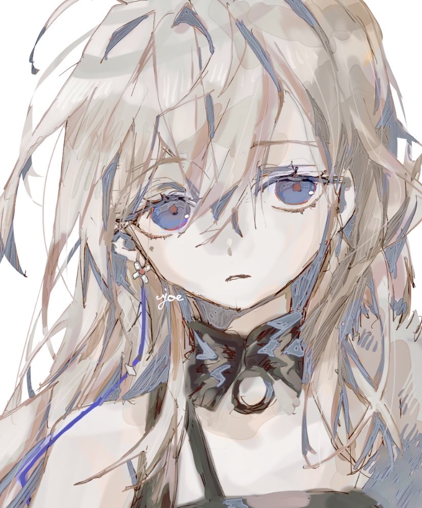 vannini (arknights), arknights, 1girl, blue eyes, detached collar, earrings, hair between eyes, jewelry, long hair, looking at viewer, mole, mole under eye, one-hour drawing challenge, parted lips, sidelocks, signature, simple background, single bare shoulder, sketch, sleeveless, solo, ujoe 7hr, white background, white hair