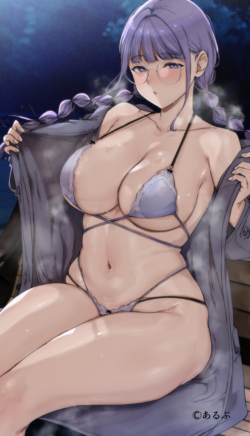 alp, original, highres, 1girl, bench, bikini, braid, breasts, cleavage, coat, glasses, halterneck, large breasts, long hair, looking at viewer, miyoshi (alp), multi-strapped bikini bottom, multi-strapped bikini top, navel, night, open clothes, open coat, open mouth, opened by self, outdoors, park bench, purple bikini, purple eyes, purple hair, sitting, solo, swimsuit, thighs, twin braids