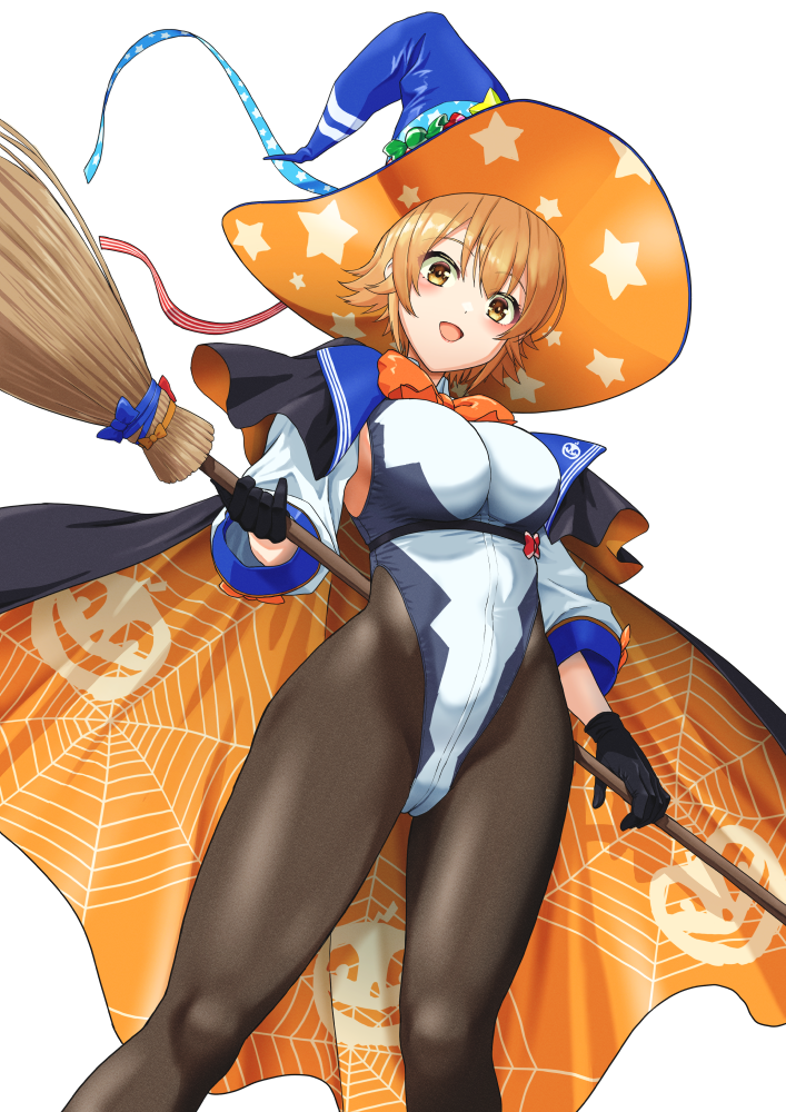 mikan 29344886, richard p. leary (halloween) (kancolle), richard p. leary (kancolle), kantai collection, 1girl, black cape, black gloves, black pantyhose, blue hat, blue leotard, blush, bow, breasts, broom, brown eyes, brown hair, cape, feet out of frame, from below, gloves, grey leotard, halloween costume, hat, highleg, highleg leotard, holding, holding broom, jack-o'-lantern print, leotard, looking at viewer, medium breasts, multicolored leotard, open mouth, orange bow, orange hat, pantyhose, short hair, simple background, sleeved leotard, two-sided cape, two-sided fabric, two-sided headwear, two-tone leotard, white background, witch hat