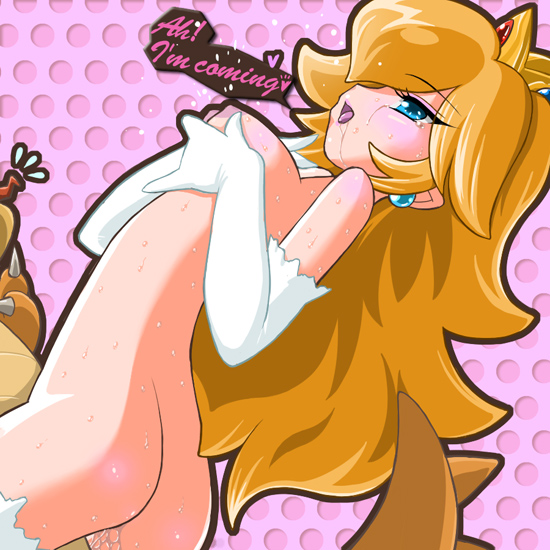 bowser, princess peach, mario (series), nintendo, super mario bros. 1, 1boy, 1girl, ass, blonde hair, blue eyes, blush, breasts, cowgirl position, crown, earrings, elbow gloves, english text, girl on top, gloves, heart, hetero, interspecies, jewelry, long hair, monster, nipples, nude, polka dot, polka dot background, pussy juice, saliva, sex, straddling, sweat, tears, text focus, vaginal