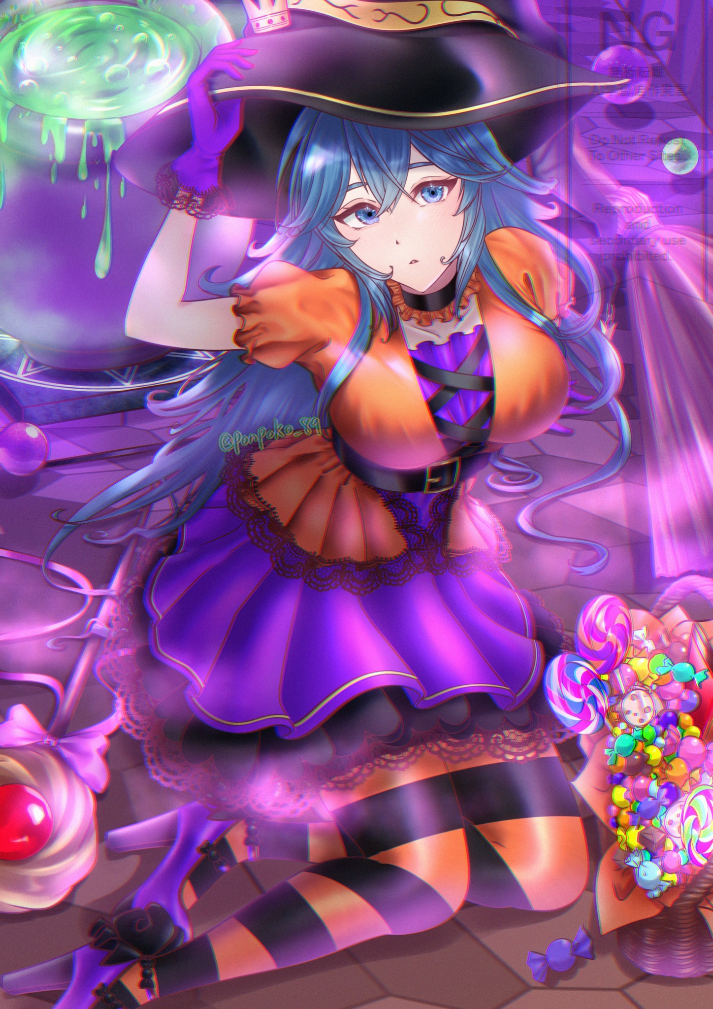 ponpoko89, lucina (fire emblem), fire emblem, fire emblem awakening, nintendo, highres, 1girl, alternate costume, belt, black belt, black choker, black pantyhose, blue eyes, blue hair, brand of the exalt, breasts, candy, cauldron, choker, dress, food, gloves, hair between eyes, halloween, halloween costume, hat, high heels, large breasts, lollipop, long hair, looking at viewer, orange pantyhose, orange shirt, pantyhose, purple dress, purple gloves, shirt, sitting, solo, striped clothes, striped pantyhose, witch hat, yokozuwari