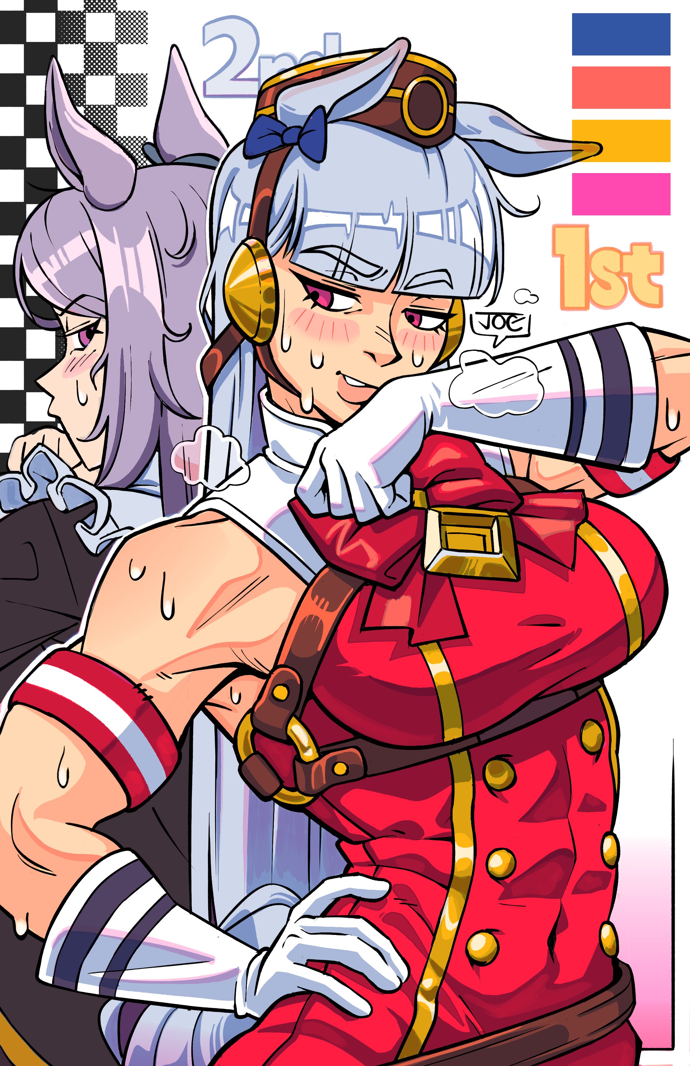 joecanvas, gold ship (red strife) (umamusume), gold ship (umamusume), mejiro mcqueen (frontline elegance) (umamusume), mejiro mcqueen (umamusume), umamusume, absurdres, highres, 1girl, 2girls, animal ears, armband, black jacket, blunt bangs, blush, bow, bowtie, breasts, brown hat, dress, ear bow, ear ribbon, gloves, grey hair, hat, horse ears, horse girl, horseshoe ornament, jacket, large breasts, long hair, long sleeves, multiple girls, muscular, muscular female, parted lips, pillbox hat, purple eyes, purple hair, red armband, red bow, red bowtie, red dress, sleeveless, sleeveless dress, smile, striped armband, striped clothes, sweat, upper body, white armband, white gloves, wiping face