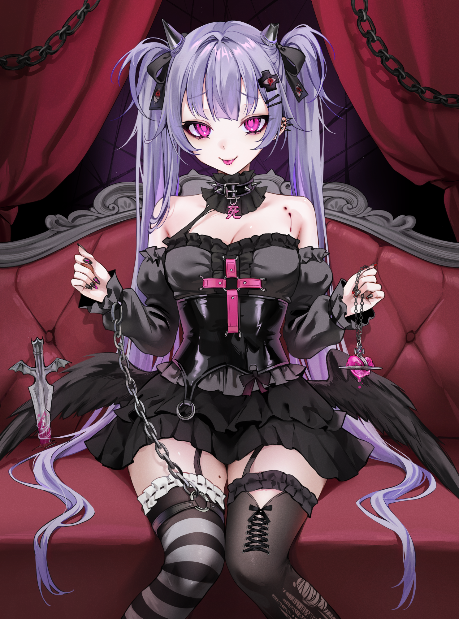 ompf, original, highres, 1girl, asymmetrical legwear, bare shoulders, black bow, black dress, black nails, blush, bow, breasts, chain, couch, detached collar, detached sleeves, dress, feathered wings, garter straps, hair bow, horns, long hair, looking at viewer, low wings, medium breasts, nail polish, piercing, pink eyes, purple hair, sitting, smile, solo, tongue, tongue out, twintails, wings