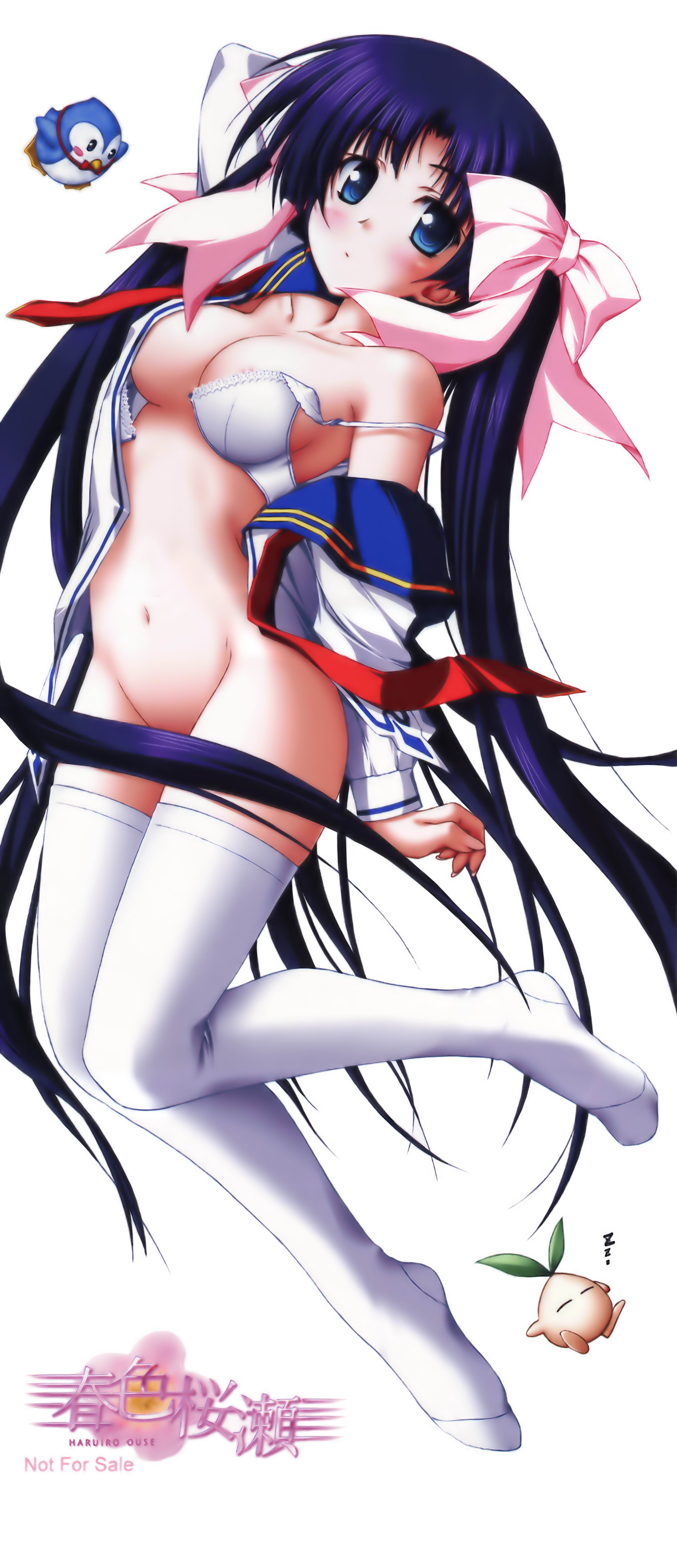 tsukimori hiro, sakuragi konoha, clear blue communications, haruiro ouse, absurdres, highres, 1girl, arms behind back, blue eyes, blue hair, blush, bottomless, bow, bra, breasts, censored, cleavage, convenient censoring, female focus, groin, hair bow, hair censor, lace, lace-trimmed bra, lace trim, large breasts, lingerie, long hair, matching hair/eyes, navel, no panties, open bra, open clothes, open shirt, school uniform, shirt, solo, thighhighs, turnip, underwear, undressing, very long hair