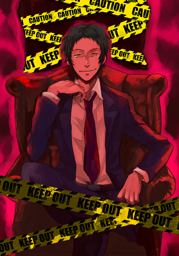 sudachips, adachi tooru, atlus, persona, persona 4, bad id, bad pixiv id, spoilers, 1boy, male focus, necktie, sitting, solo, tape, yellow eyes