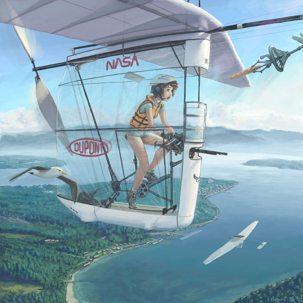evokid, dupont, nasa, original, commentary, 1girl, attack aircraft, baguette, bicycle helmet, bird, bread, breasts, cloud, day, female focus, flying, food, full body, gossamer albatross, gun, headset, helmet, lake, landscape, legs, logo, machine gun, nasa logo, refueling, scenery, seagull, shorts, sky, small breasts, solo, vest, water, weapon