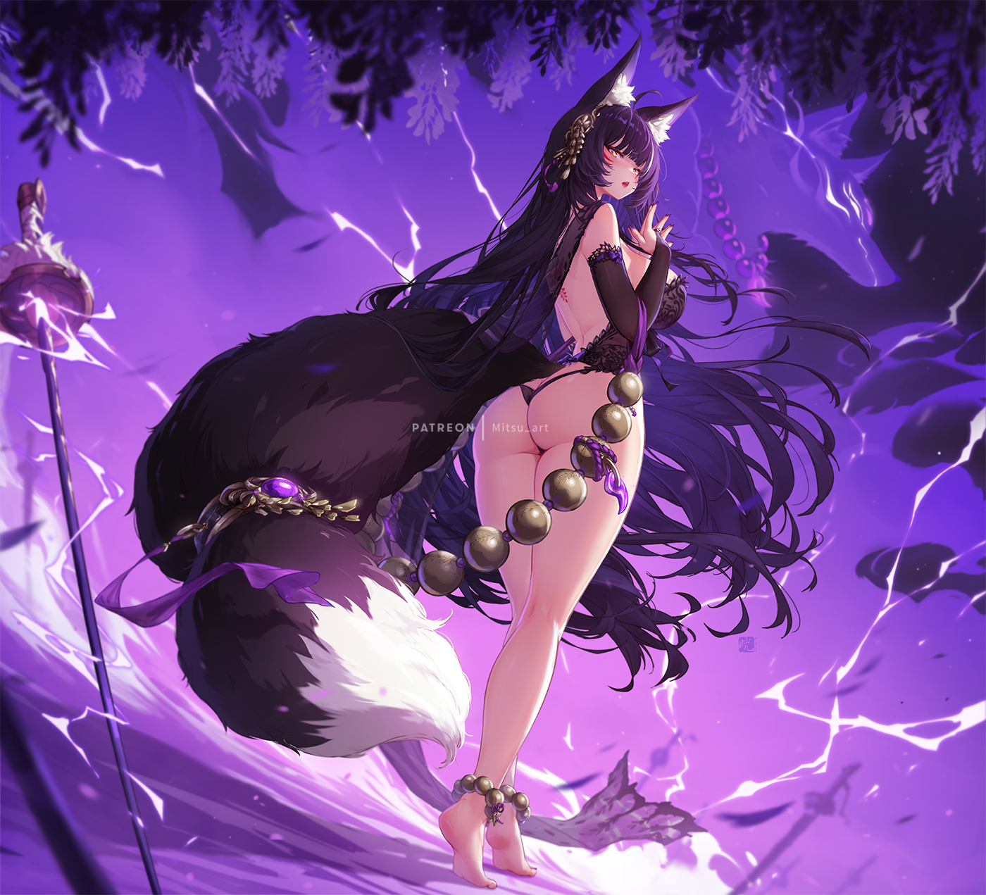 mitsu (mitsu art), musashi (azur lane), azur lane, highres, 1girl, absurdly long hair, ahoge, alternate costume, animal ear fluff, animal ears, ass, ass cutout, backless outfit, barefoot, beads, black hair, breasts, bridal gauntlets, brown hair, character name, chestnut mouth, clothing cutout, detached sleeves, dress, facial mark, floating hair, flower, fox ears, fox girl, fox tail, from behind, from below, hair ornament, huge breasts, long hair, looking at viewer, looking back, no panties, prayer beads, purple background, purple hair, smile, solo, steepled fingers, tail, tail ornament, very long hair, weapon, yellow eyes