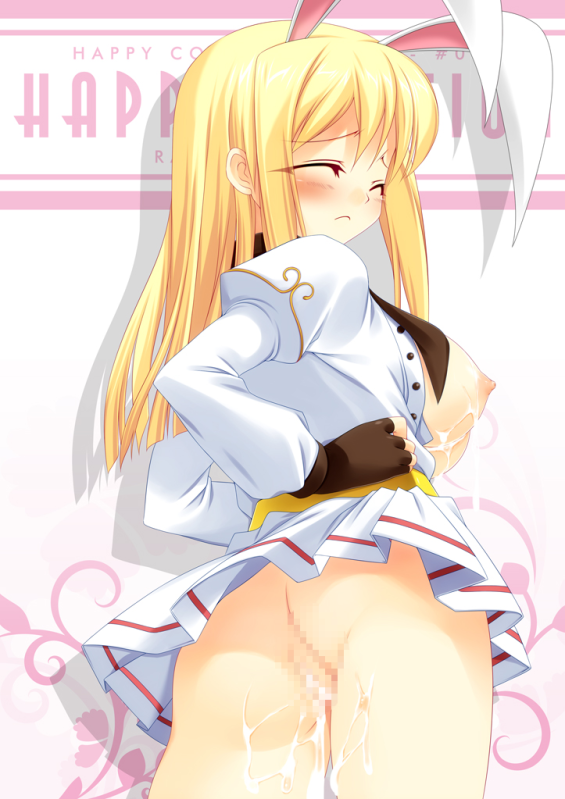 kinoshita ichi, game master, ragnarok online, 1girl, animal ears, ass, blonde hair, blush, breasts, censored, closed eyes, cum, cum in pussy, cum on body, cum on breasts, cum on upper body, female focus, fingerless gloves, gloves, hands on own hips, large breasts, no panties, open clothes, open shirt, pussy, rabbit ears, shirt, solo