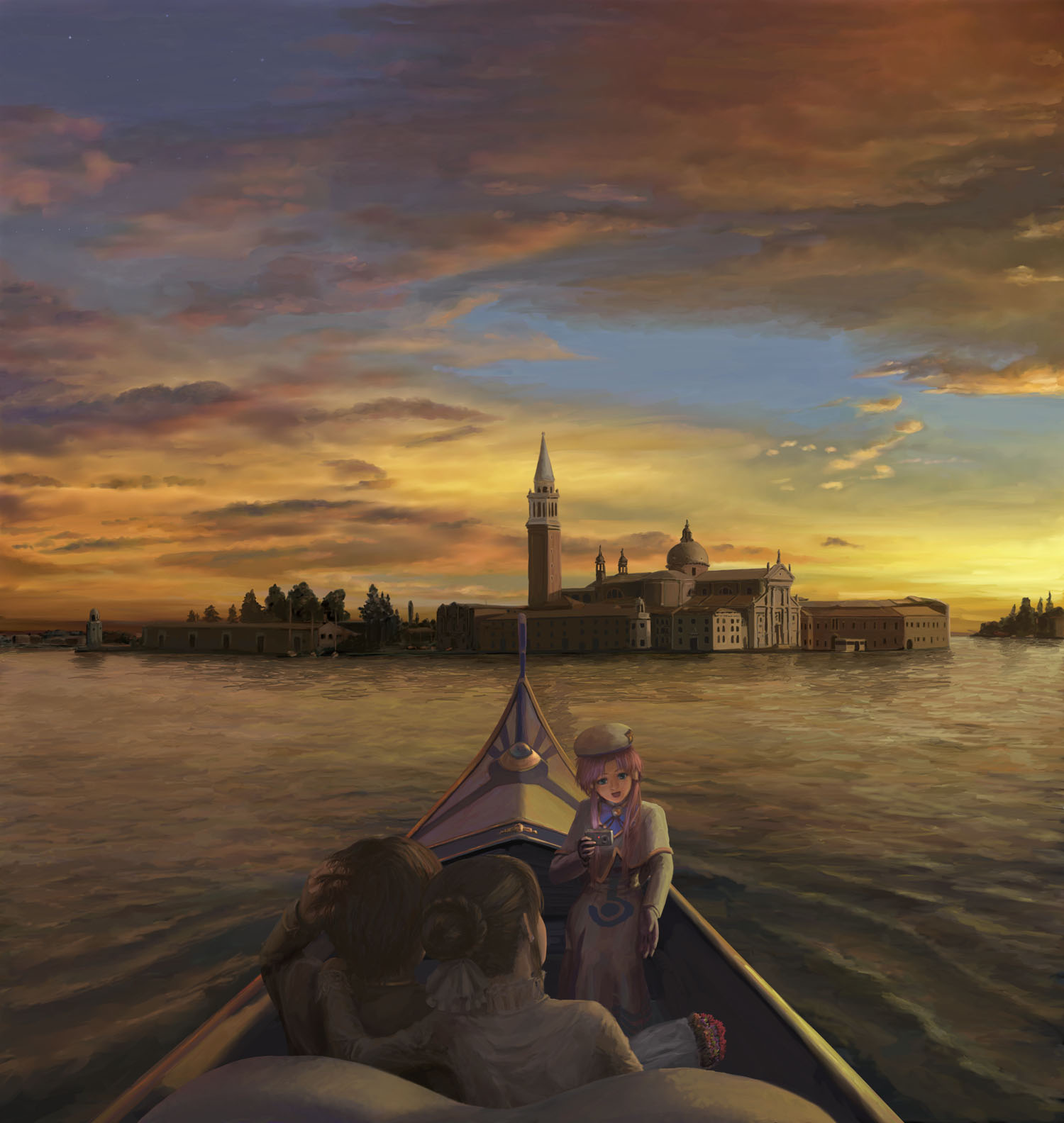 evokid, mizunashi akari, aria (manga), highres, 00s, 1boy, 2girls, boat, camera, cityscape, cloud, flower, hat, multiple girls, pink hair, scenery, sky, sunset, venice, watercraft