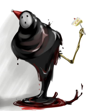 tsugaru9, tsugaru (enoken), arakune, arc system works, blazblue, blazblue: calamity trigger, lowres, 1girl, birthday, blood, bone, cake, female focus, food, food focus, hat, male focus, mask, monster, no humans, party hat, pastry, solo