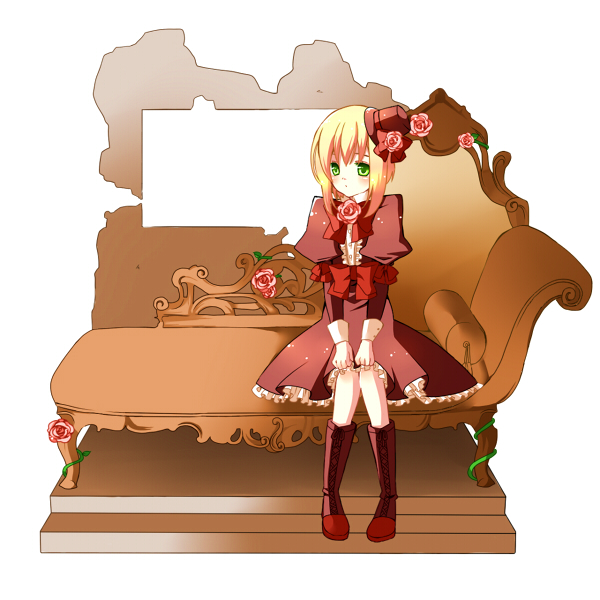 yun (pixiv), liechtenstein (hetalia), axis powers hetalia, 00s, 1girl, blonde hair, dress, female focus, flower, green eyes, hat, lingerie, petticoat, rose, solo, underwear