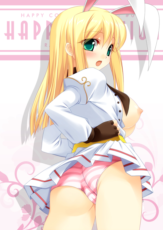 kinoshita ichi, game master, ragnarok online, 1girl, animal ears, ass, blonde hair, blush, breasts, female focus, fingerless gloves, gloves, green eyes, hands on own hips, large breasts, long hair, looking at viewer, looking back, nipples, open clothes, open mouth, open shirt, panties, pink panties, rabbit ears, shirt, solo, standing, striped clothes, striped panties, thighs, underwear