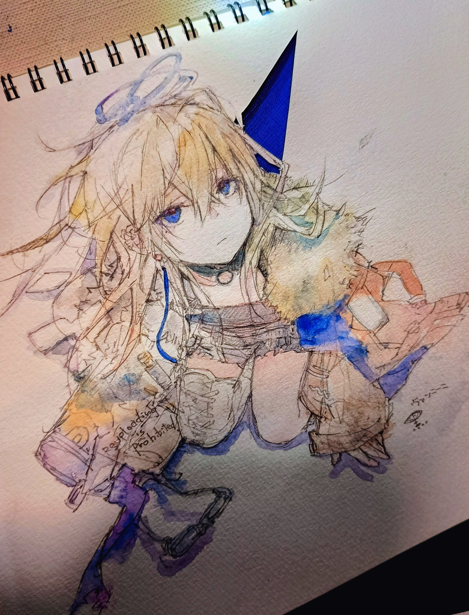 vannini (arknights), arknights, commentary, highres, painting (medium), photo (medium), traditional media, watercolor (medium), 1girl, asymmetrical legwear, blonde hair, blue eyes, blue halo, character name, detached collar, double halo, dress, expressionless, from above, fur-trimmed jacket, fur trim, halo, jacket, kneeling, looking at viewer, mole, mole under eye, nru1k, shirt, short shorts, shorts, sleeveless, sleeveless shirt, sleeves past wrists, solo, spot color, unworn eyewear, watermark