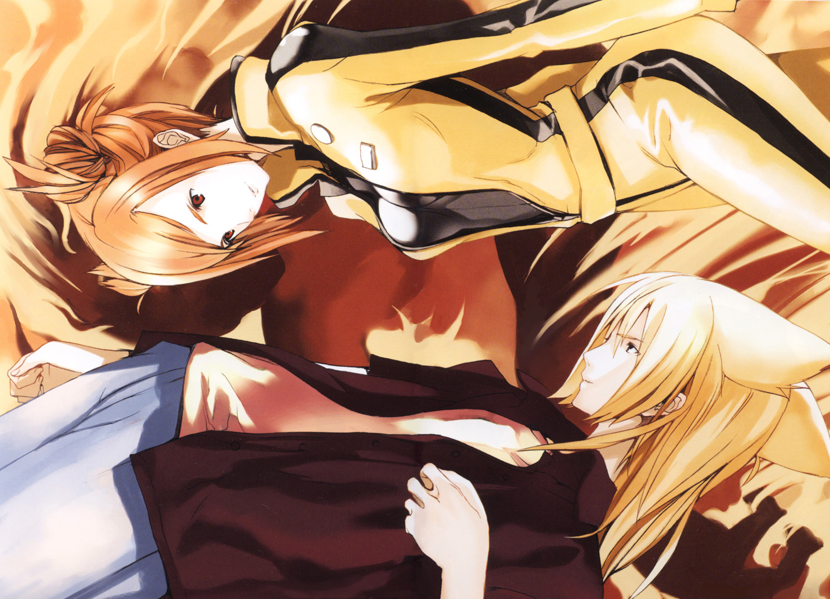 houden eizou, enjyu, tenko kuugen, wagaya no oinari-sama, uniform, highres, 00s, 1boy, 1girl, animal ears, belt, blonde hair, bodysuit, double bun, long hair, open clothes, open shirt, orange hair, red eyes, shirt, short hair, single vertical stripe