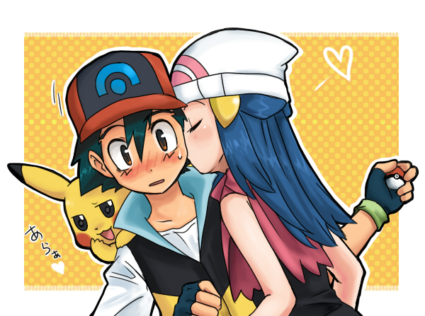 m1523m, ash ketchum, dawn (pokemon), pikachu, nintendo, pokemon, pokemon (anime), pokemon dppt, bad id, bad pixiv id, translation request, 00s, 1boy, 1girl, :3, baseball cap, beanie, black hair, blue hair, blush, brown eyes, child, closed eyes, couple, fingerless gloves, friend zone, friends, gen 1 pokemon, gloves, hair between eyes, hair ornament, hat, heart, hetero, holding, holding poke ball, kiss, kissing cheek, long hair, open mouth, poke ball, pokemon (creature), short hair, snicker, surprised, sweatdrop