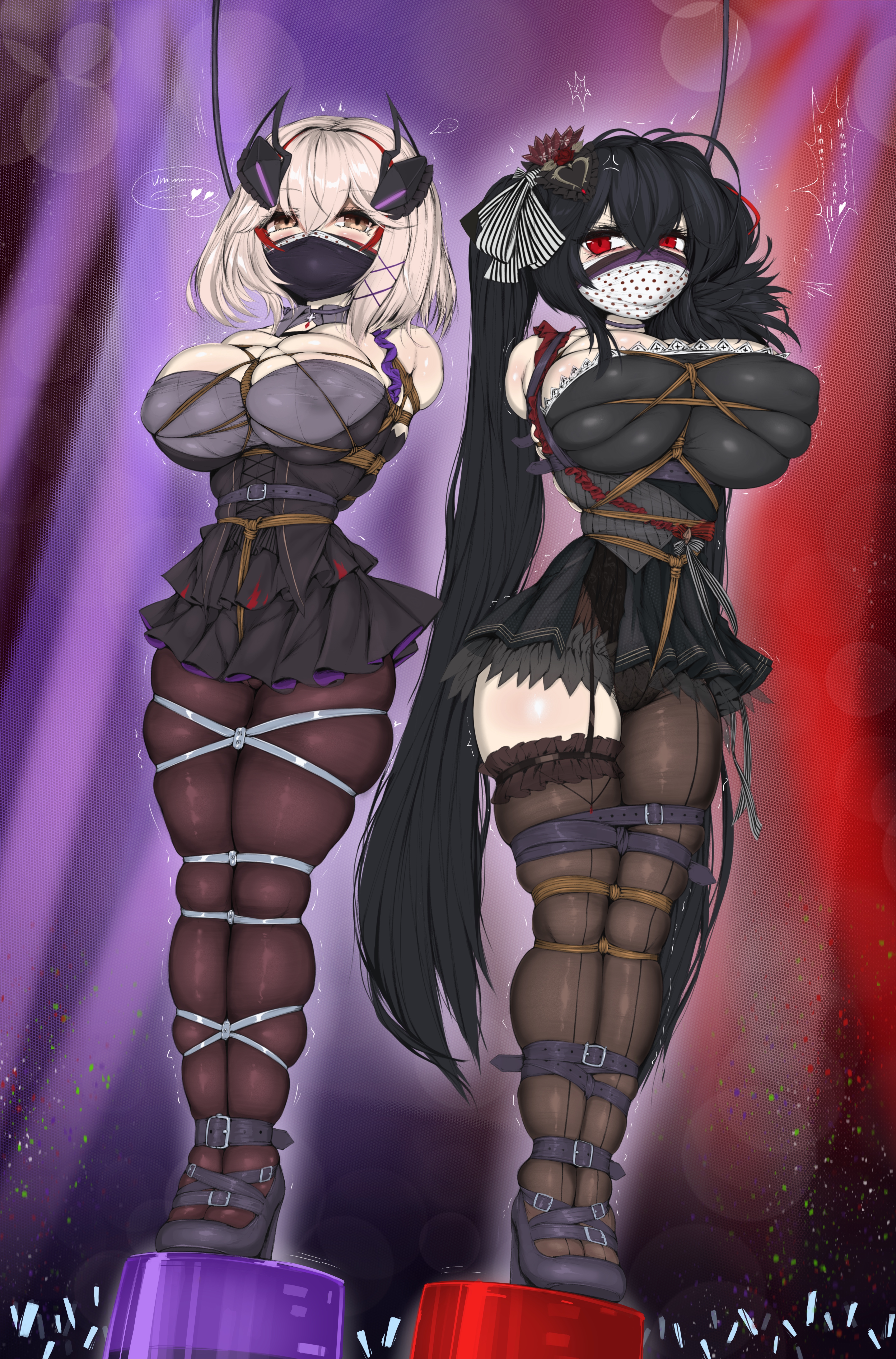 ameng (katena1990), roon (azur lane), roon (muse) (azur lane), taihou (azur lane), taihou (muse) (azur lane), azur lane, absurdres, highres, 2girls, anger vein, arms behind back, black dress, black hair, black pantyhose, blonde hair, breasts, brown eyes, crowd, dress, gag, gagged, glowstick, immobilization, large breasts, long hair, multiple girls, pantyhose, penlight (glowstick), red eyes, shibari, shibari over clothes, short dress, skindentation, twintails