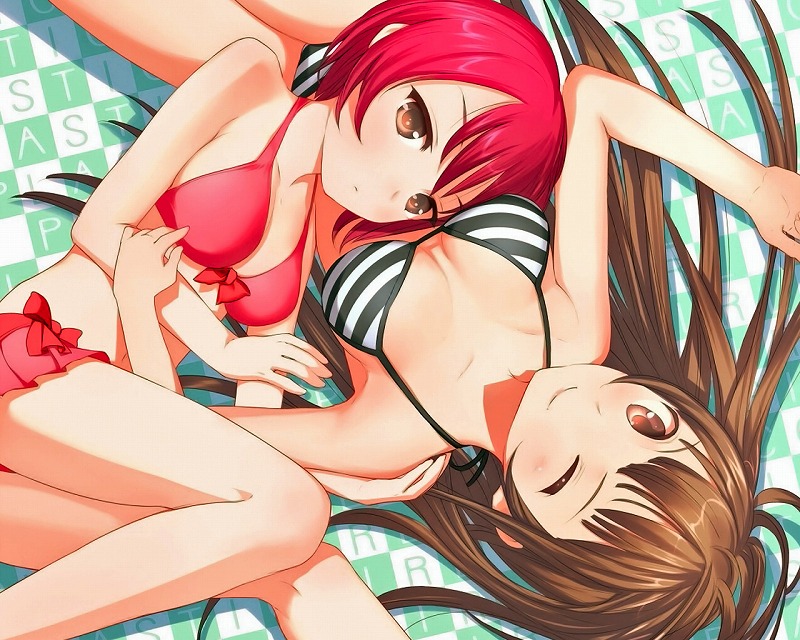 uni (plastic girl), original, duplicate, 2girls, bikini, brown eyes, brown hair, long hair, lying, multiple girls, one eye closed, red hair, short hair, smile, striped bikini, striped clothes, swimsuit