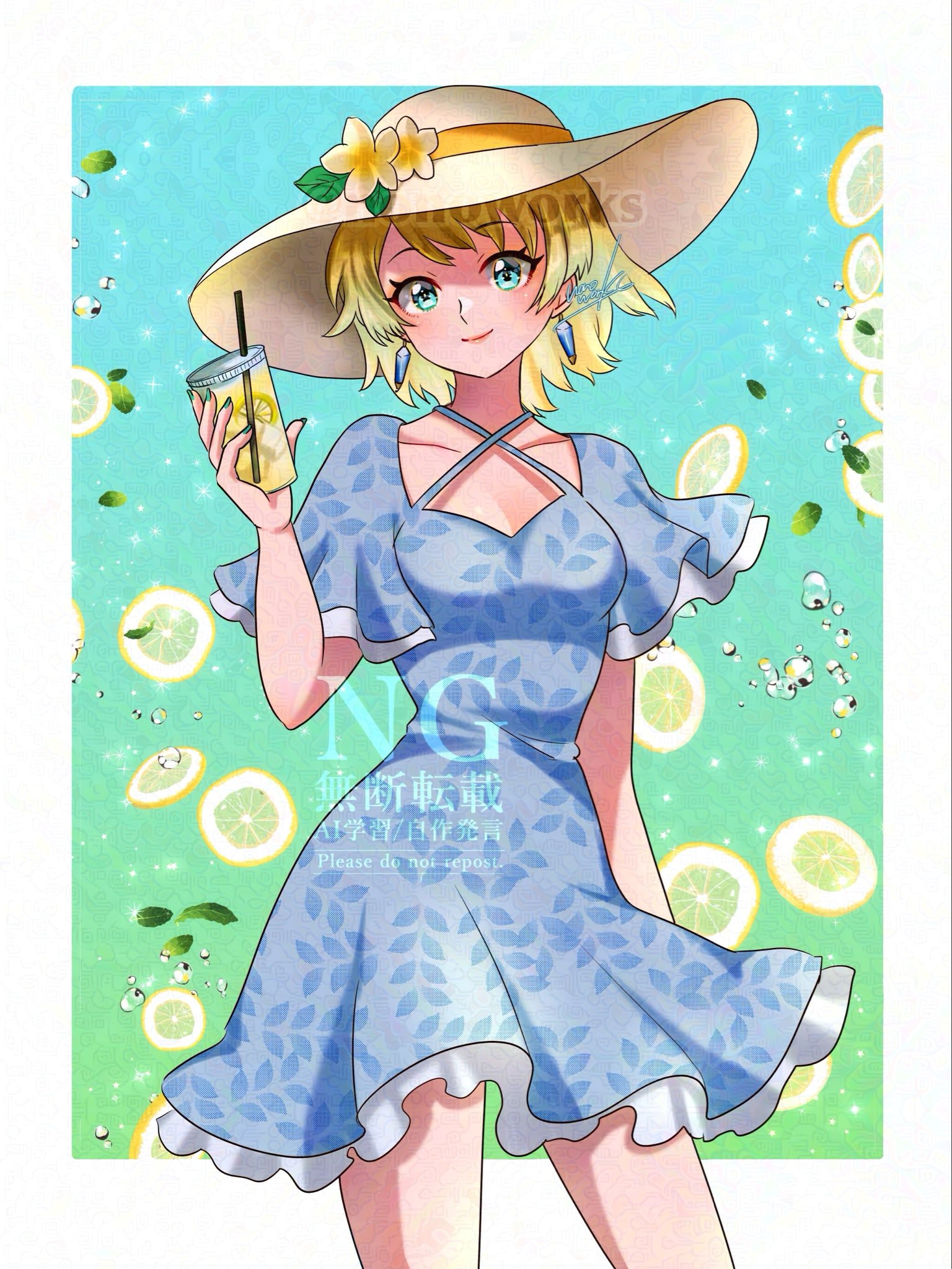 nonoworks, fjorm (fire emblem), fire emblem, fire emblem heroes, nintendo, highres, 1girl, alternate costume, blonde hair, blue dress, blue eyes, blue hair, blush, breasts, closed mouth, collarbone, criss-cross halter, cup, dress, earrings, flower, food, fruit, gradient hair, halterneck, hat, hat flower, holding, holding cup, jewelry, lemon, lemon slice, lemonade, looking at viewer, multicolored hair, short hair, smile, solo, sun hat