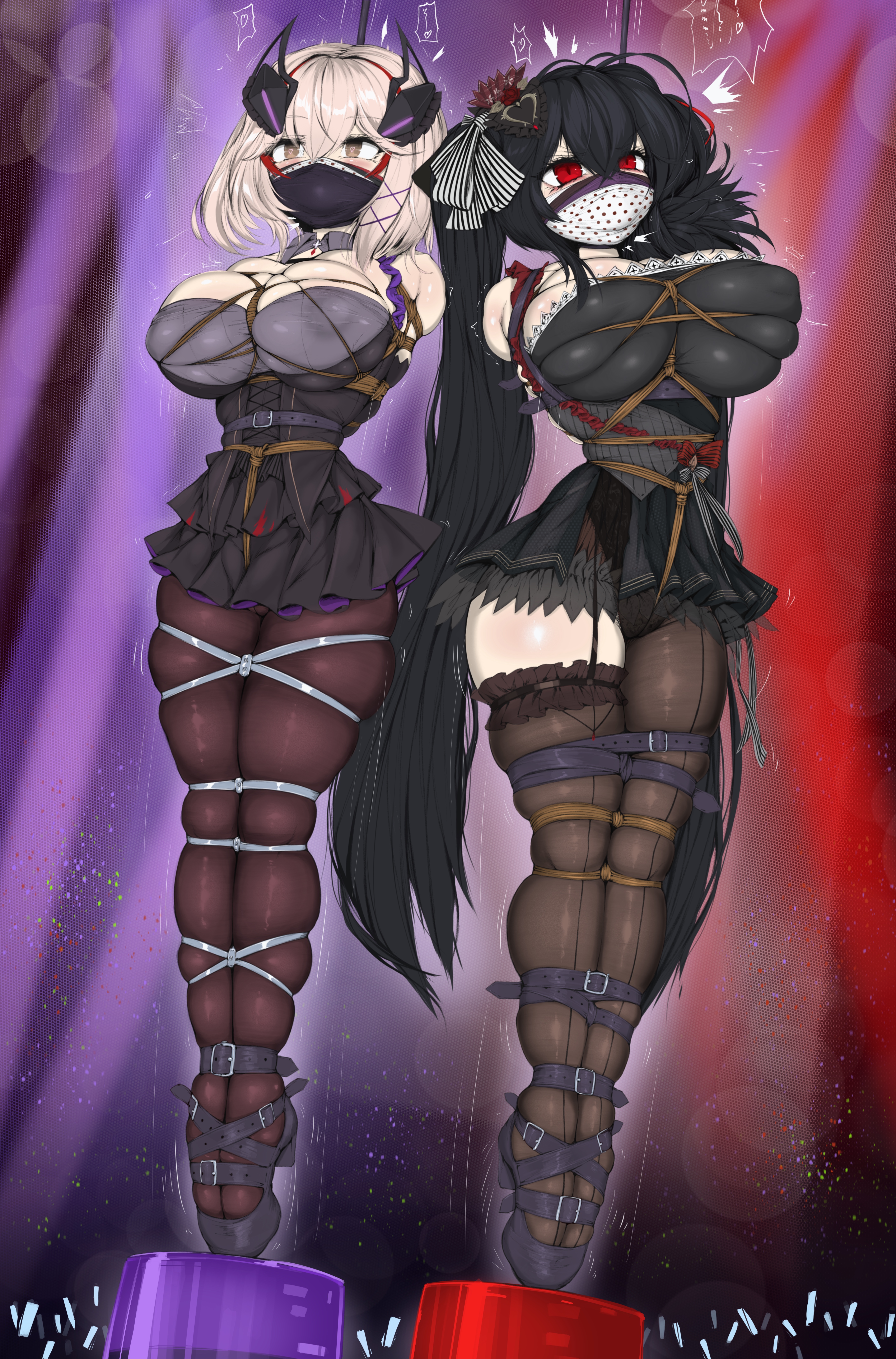 ameng (katena1990), roon (azur lane), roon (muse) (azur lane), taihou (azur lane), taihou (muse) (azur lane), azur lane, absurdres, highres, 2girls, anger vein, arms behind back, black dress, black hair, black pantyhose, blonde hair, breasts, brown eyes, crowd, dress, gag, gagged, glowstick, hanged, immobilization, large breasts, long hair, multiple girls, pantyhose, penlight (glowstick), red eyes, shibari, shibari over clothes, short dress, skindentation, twintails