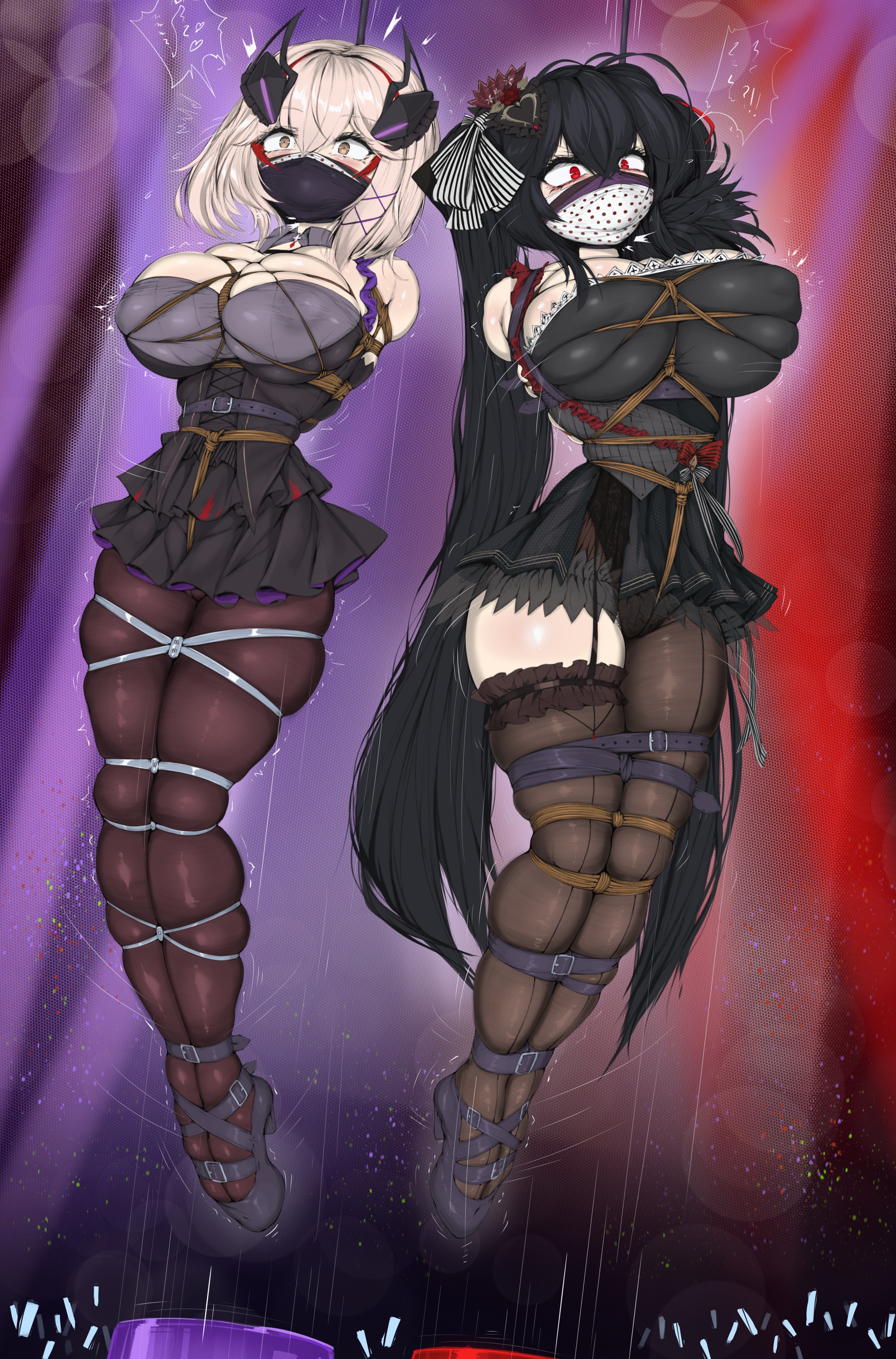 ameng (katena1990), roon (azur lane), roon (muse) (azur lane), taihou (azur lane), taihou (muse) (azur lane), azur lane, absurdres, highres, 2girls, anger vein, arms behind back, black dress, black hair, black pantyhose, blonde hair, breasts, brown eyes, constricted pupils, crowd, dress, gag, gagged, glowstick, hanged, immobilization, large breasts, long hair, multiple girls, pantyhose, penlight (glowstick), red eyes, shibari, shibari over clothes, short dress, skindentation, twintails