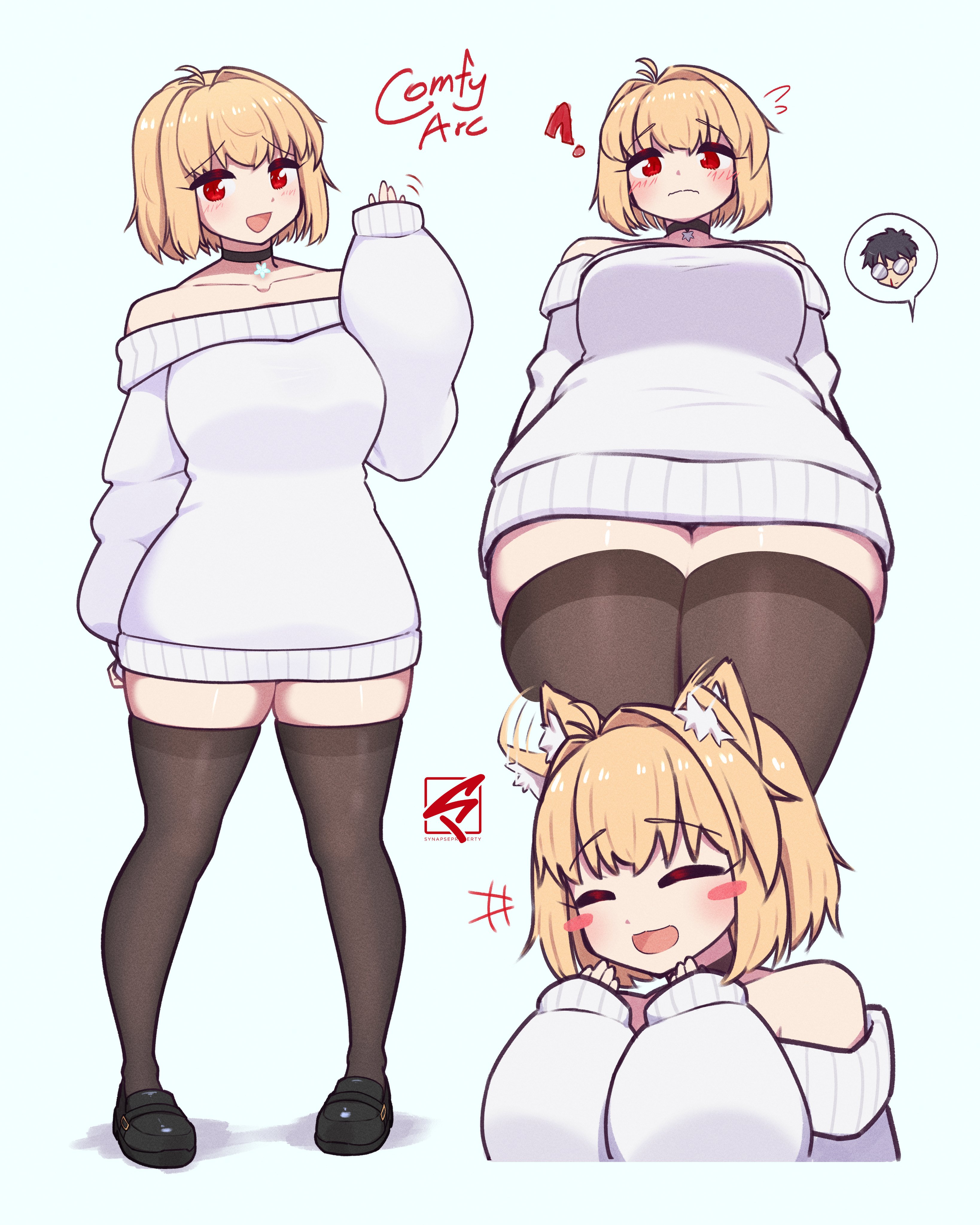 synapseproperty, arcueid brunestud, tohno shiki, tsukihime, tsukihime (remake), absurdres, highres, 1boy, 1girl, ?, ahoge, alternate costume, animal ear fluff, animal ears, bare shoulders, black hair, blonde hair, blush, blush stickers, breasts, cat ears, cat girl, chibi, chibi inset, choker, closed eyes, from below, glasses, hair intakes, large breasts, open mouth, ribbed sweater, short hair, sleeves past fingers, sleeves past wrists, smile, sweater, thick thighs, thighhighs, thighs, waving, zettai ryouiki