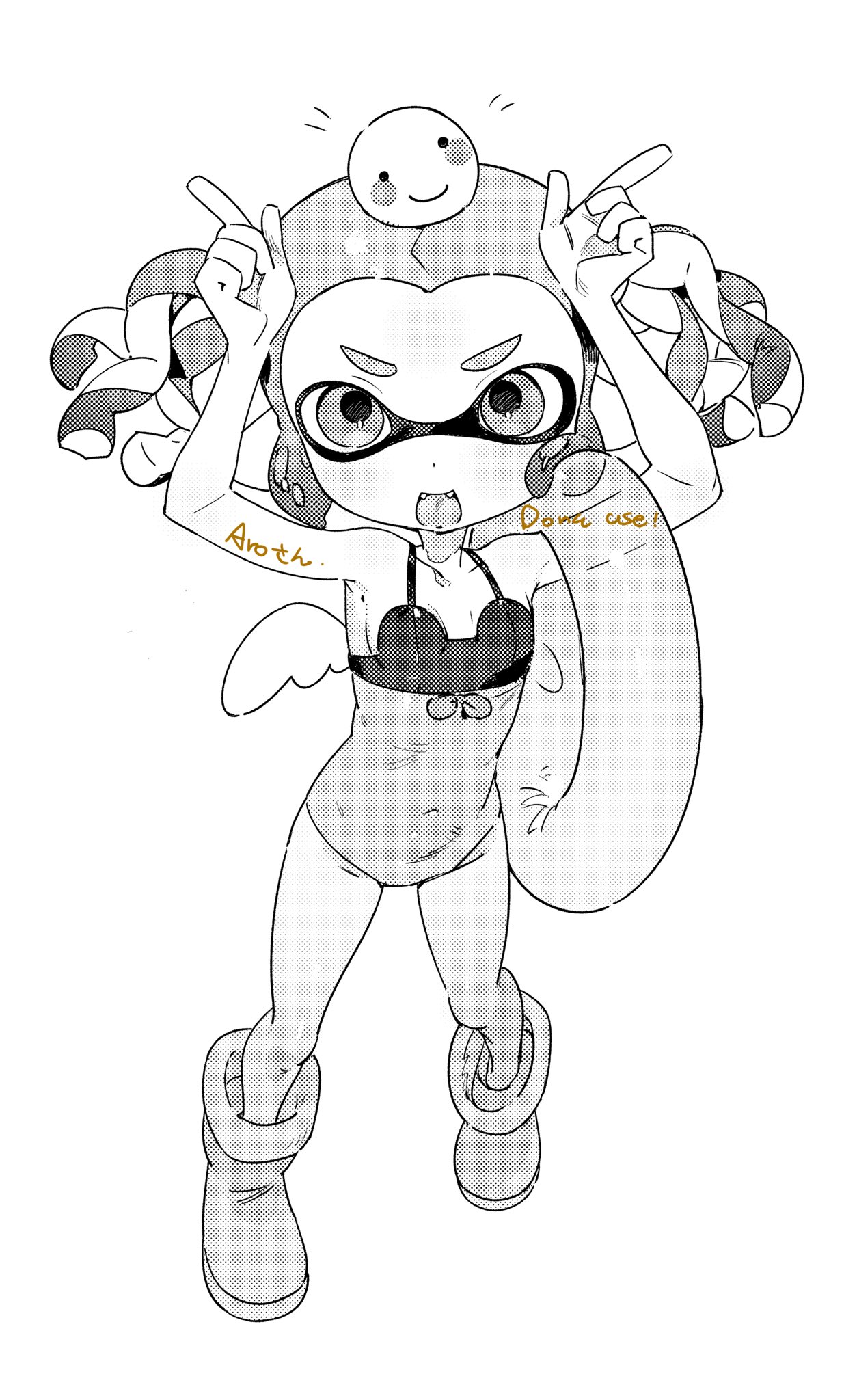 gomi20021021, inkling girl, inkling player character, nintendo, splatoon (series), commentary request, highres, 1girl, :d, bare arms, bare shoulders, covered navel, creature on head, fangs, flat chest, full body, greyscale, hands up, inkling, innertube, looking at viewer, monochrome, notice lines, one-piece swimsuit, open mouth, pointy ears, shoes, short hair, short twintails, smile, solo, standing, swim ring, swimsuit, tentacle hair, twintails, wings